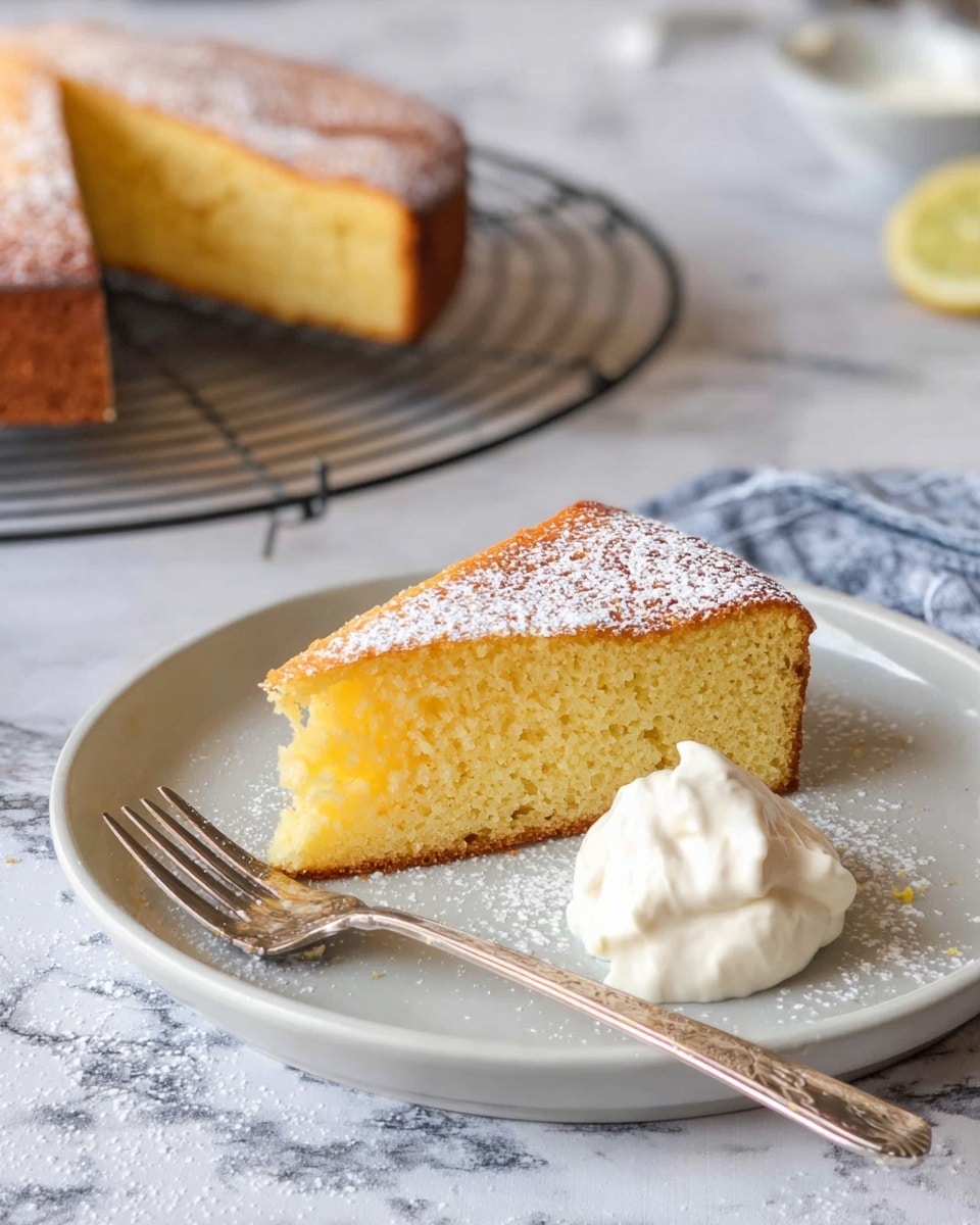 A white plate holds a single slice of golden yellow cake with a smooth texture and brown crust on the side and bottom. A small dollop of white cream is placed next to the cake slice. The cake slice is lightly dusted with powdered sugar. A silver fork rests on the plate beside the cream. In the background, a whole cake with the same golden color and brown crust sits on a round wire cooling rack lined with parchment paper. The surface beneath the plate and cake has a white marbled texture. photo taken with an iphone --ar 4:5 --v 7
