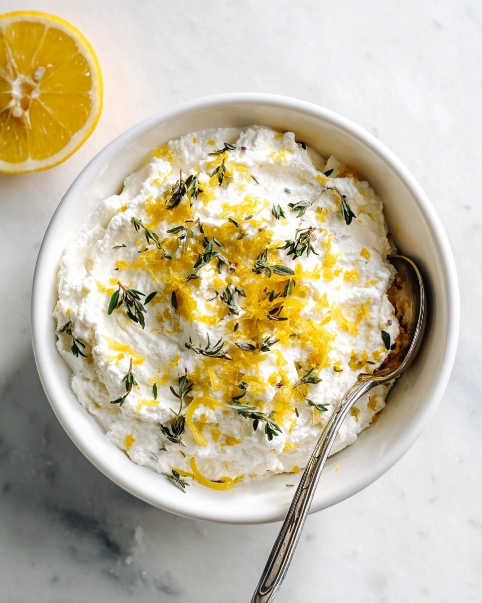 A white bowl filled with one thick layer of fluffy white ricotta cheese topped with bright yellow lemon zest and scattered with small dark green thyme leaves, a silver spoon is resting inside the bowl on the right side, and part of a fresh lemon slice is visible in the top left corner, all placed on a white marbled surface photo taken with an iphone --ar 4:5 --v 7