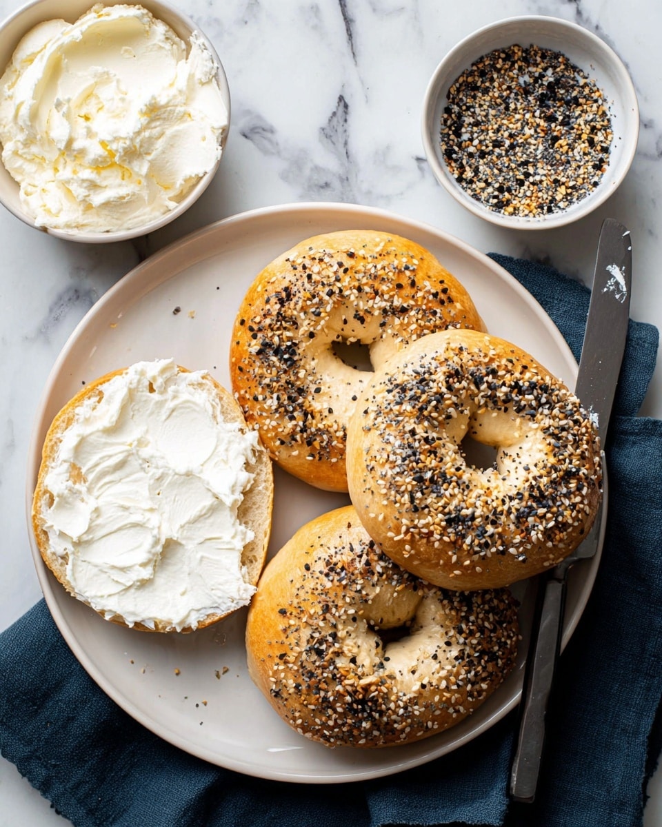 The image shows a white plate with three everything bagels stacked on the right side, each bagel covered with a mix of black and white sesame seeds, poppy seeds, and dried garlic on a shiny golden-brown crust. On the left side of the plate, there is one bagel sliced open, with the bottom half generously spread with creamy white cream cheese, while the top half is placed nearby showing the soft airy texture inside. Above the plate, there are two small bowls on a white marbled surface: one filled with smooth cream cheese and the other with everything bagel seasoning. A knife with a silver blade, partially smeared with cream cheese, rests next to a dark blue cloth under the plate. Photo taken with an iphone --ar 4:5 --v 7