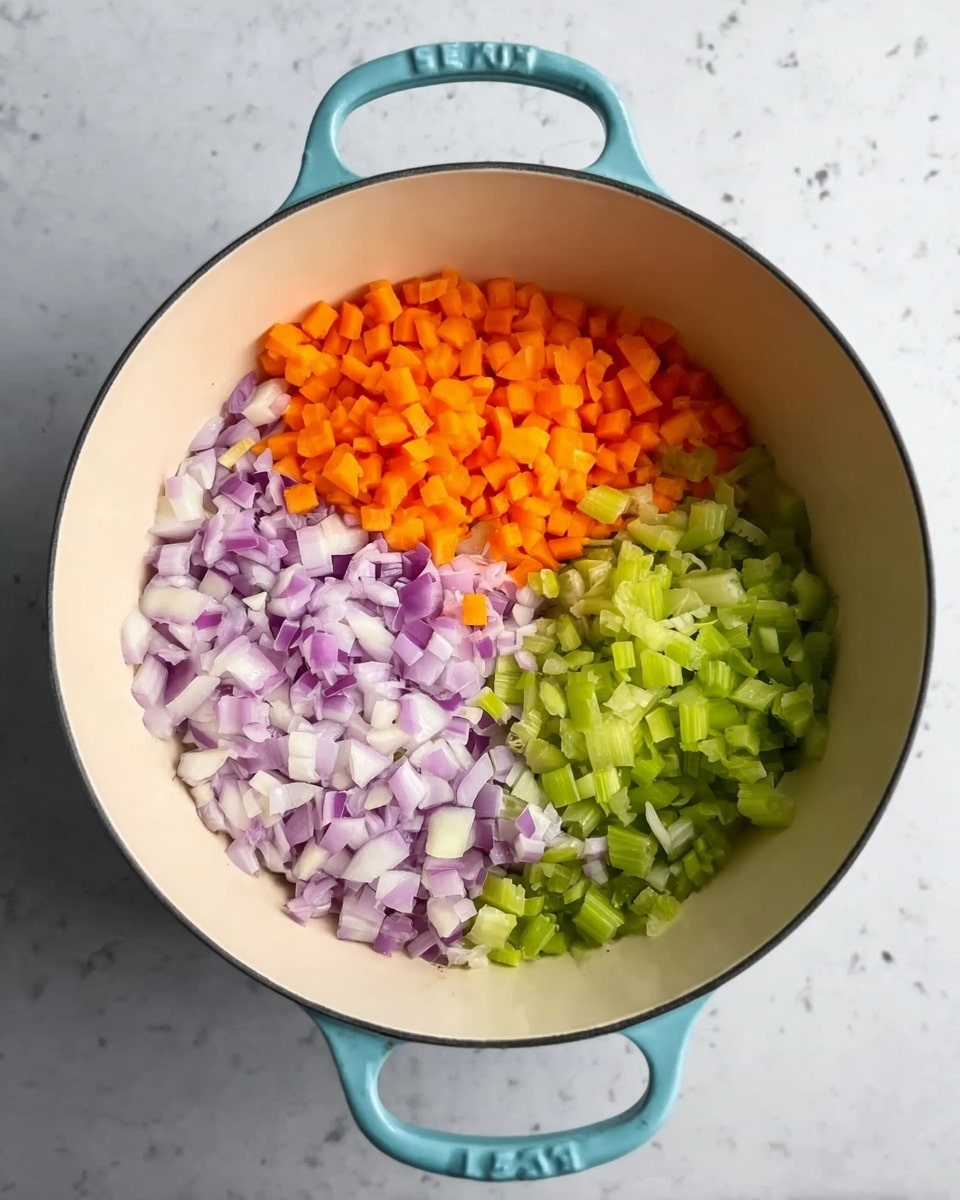 A white round pot with light blue handles is filled with three separate piles of chopped vegetables sitting on a white marbled surface. On the left, there is a pile of purple and white chopped onions with a slightly translucent look. Above it, an orange pile of small chopped carrots. On the right, there is a light green pile of chopped celery that looks fresh and crunchy. The vegetables in the pot are clearly separated but close to each other as if ready to be cooked. Photo taken with an iphone --ar 4:5 --v 7