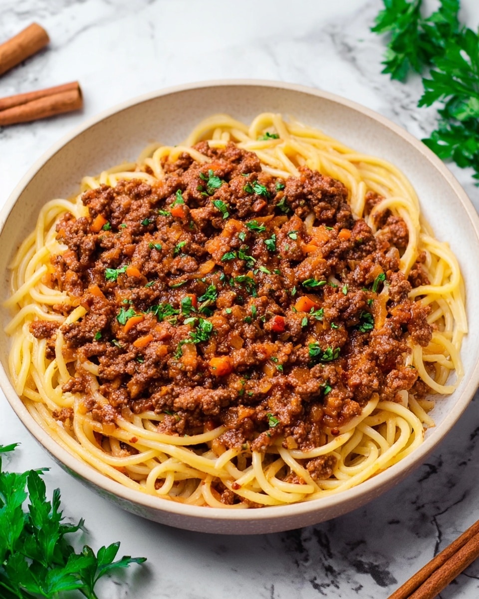 A white shallow bowl filled with two main layers: the bottom layer is thick spaghetti noodles, light yellow in color, twisted and tangled across the dish; the top layer is a hearty ground meat sauce, rich brown with small chunks of caramelized onion and bits of orange carrot, spread evenly, with small green parsley leaves sprinkled for color contrast. The bowl is placed on a white marbled surface with cinnamon sticks and green herbs near the side. Photo taken with an iphone --ar 4:5 --v 7