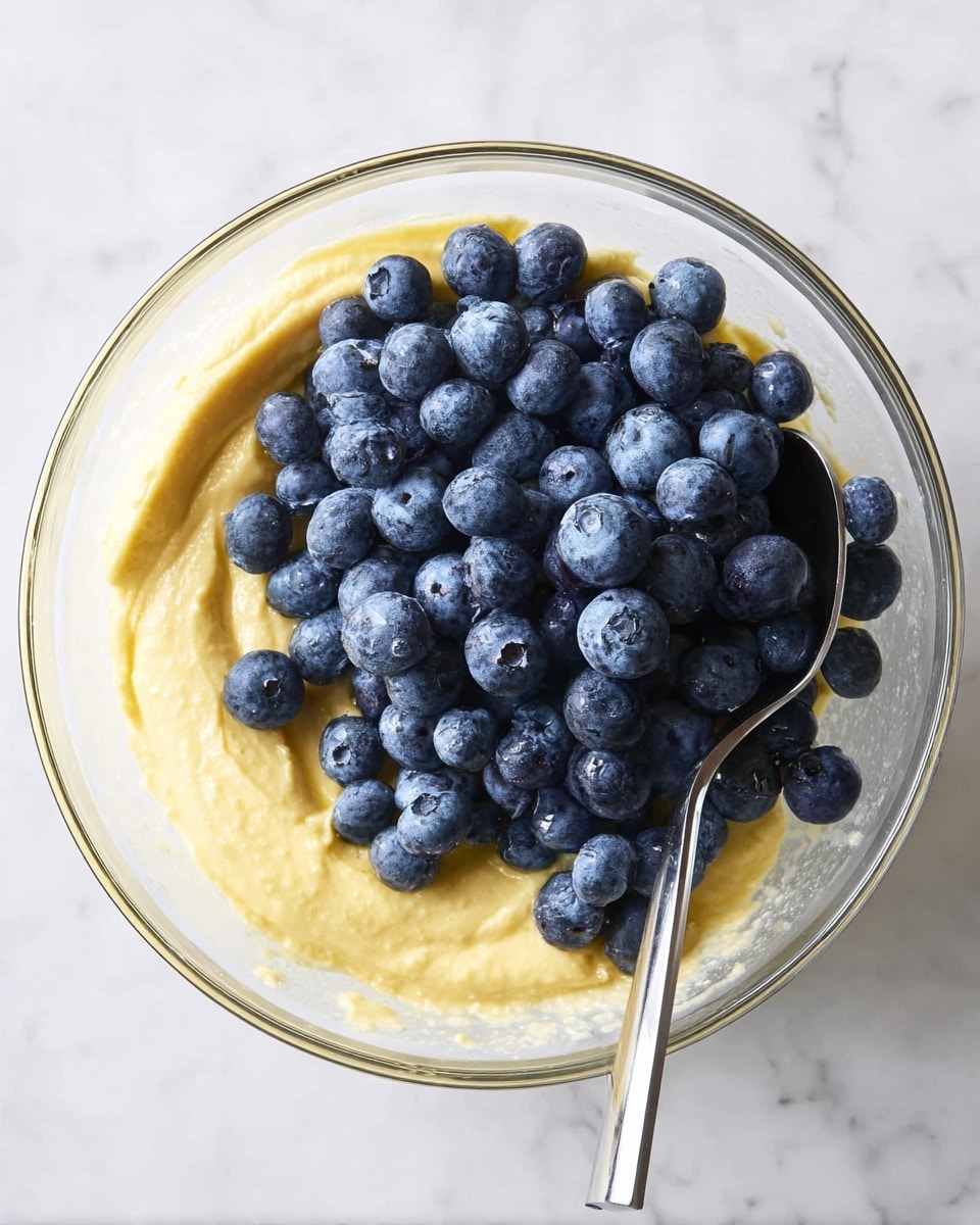 A clear bowl holds two main layers: at the bottom is a thick, smooth, pale yellow batter with a creamy texture, and on top, a large pile of fresh, round blueberries with a deep blue color and slight dusty white bloom. A silver spoon is partially dipped into the batter and blueberries, resting at the right side inside the bowl. The bowl sits on a white marbled surface. Photo taken with an iphone --ar 4:5 --v 7