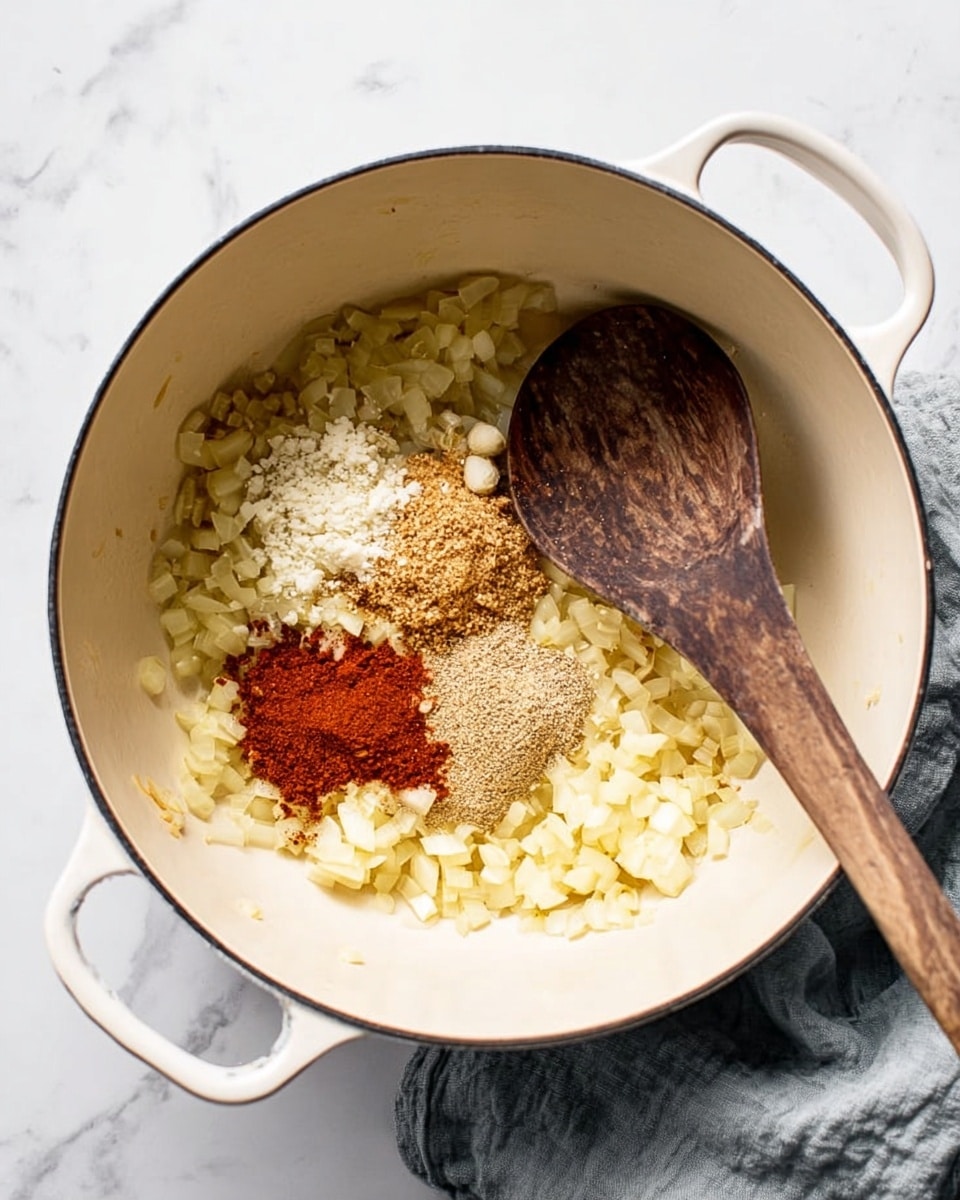 Inside a white stove pot, there is a layer of cooked, soft, small, chopped onion pieces spread evenly at the bottom. On top of the onions, there are four piles of different spices and minced garlic, each with a different color and texture: one pile is off-white and finely minced, one is red powder, one is light brown powder, and one is dark brown powder. A wooden spoon with a dark grain pattern is resting on the right side inside the pot. The pot is sitting on a white marbled surface with a folded gray cloth nearby. Photo taken with an iphone --ar 4:5 --v 7