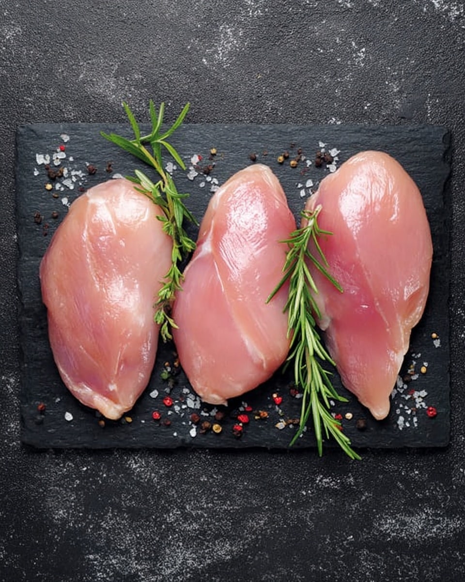Three pieces of raw pink chicken placed side by side on a black slate board are the main focus, each piece smooth and shiny with light moisture. Fresh green rosemary sprigs lie under and around the chicken pieces, adding a touch of green contrast. The black slate surface is sprinkled with coarse white salt and mixed black and red peppercorns, which create small colorful spots around the board. The background is a white marbled texture. photo taken with an iphone --ar 4:5 --v 7