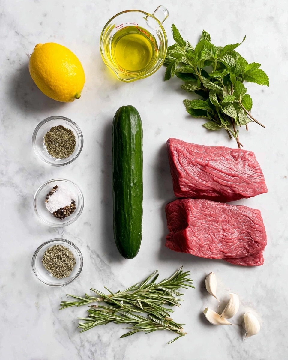 The image shows raw ingredients laid out on a white marbled surface. On the right side, there are two thick, red raw meat pieces positioned vertically. Below the meat is a long, smooth, dark green cucumber placed horizontally. To the left of the meat and cucumber are small clear bowls containing different spices and salt, arranged in a loose cluster. In the upper left corner, there's a bright yellow lemon and a small clear measuring cup filled with light yellow oil. Near the lemon, fresh green herb sprigs, including mint and rosemary, sit diagonally with their leaves spread out. Below the herbs are several unpeeled garlic cloves. The overall layout is clean, simple, and organized with natural colors standing out against the white marble background. Photo taken with an iphone --ar 4:5 --v 7