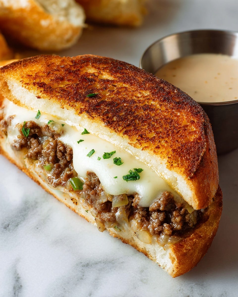 A toasted sandwich shows a crispy golden-brown outer layer with a slightly textured crust. It is sliced open to reveal a filling of cooked ground beef mixed with small bits of sautéed onions and green peppers, layered beneath a melted white cheese that covers the top part of the filling, with some browned spots on the cheese surface. Small chopped green herbs are sprinkled on the cheese near the center. In the background, part of a small metal cup with a creamy light-colored sauce and pieces of bread can be seen on a white marbled surface. photo taken with an iphone --ar 4:5 --v 7