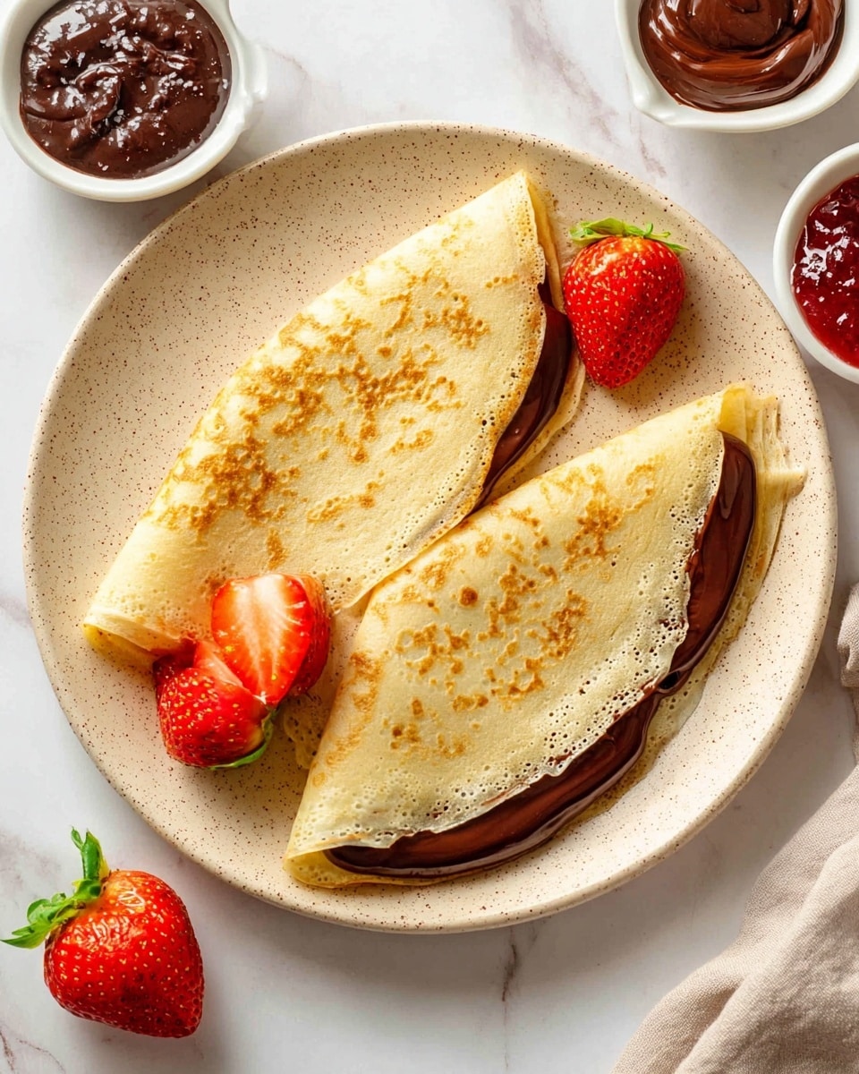 Two folded crepes with a light golden brown color and small air holes are placed side by side on a beige speckled plate. A thick, glossy dark chocolate spread peeks out from inside each crepe along the folded edges. On the plate, there are two fresh red strawberries with green tops, one is whole and the other is thinly sliced. Around the plate, small white dishes hold dark chocolate spread and red jam. The scene is set on a white marbled surface. photo taken with an iphone --ar 4:5 --v 7