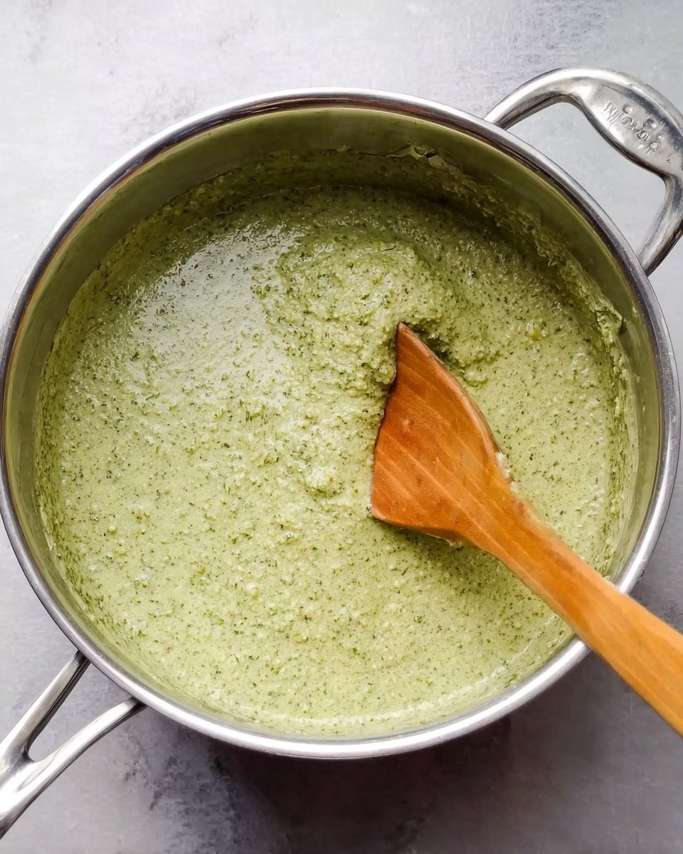 A shiny silver pot sits on a white marbled surface, filled with a thick, light green mixture that looks like a sauce or paste. A wooden spoon with a smooth handle rests inside the pot, partially covered by the green mixture, showing a rough texture with tiny bits mixed in. The pot handles are visible and shiny, and the light reflects softly off the surface of the sauce and the metal. The image shows a close-up top view, giving a clear look at the different shades of green and the slightly coarse texture of the mixture. photo taken with an iphone --ar 4:5 --v 7