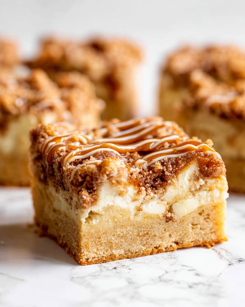 The image shows a close-up of a square piece of baked bar with three visible layers. The bottom layer is light golden brown and firm, serving as the base. The middle layer is lighter and crumbly with chunks of white inside, giving a soft texture. The top layer is darker brown with crumbly streusel-like bits and thin drizzles of caramel-colored sauce spread over the surface. The bar sits on a white marbled surface, and parts of other similar bars are blurred in the background. photo taken with an iphone --ar 4:5 --v 7
