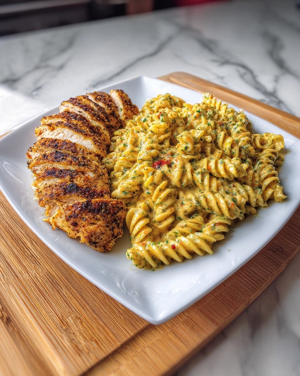 A white square plate holds a meal with two main layers. On the left side, there are five slices of golden-brown grilled chicken with visible spices and herbs, showing a slightly crispy texture. On the right side, creamy yellow spiraled pasta fills the plate, mixed with green herbs and small red pepper bits, coated in a rich, smooth sauce. The plate is placed on a wooden board, which rests on a white marbled surface in the background. Photo taken with an iphone --ar 4:5 --v 7