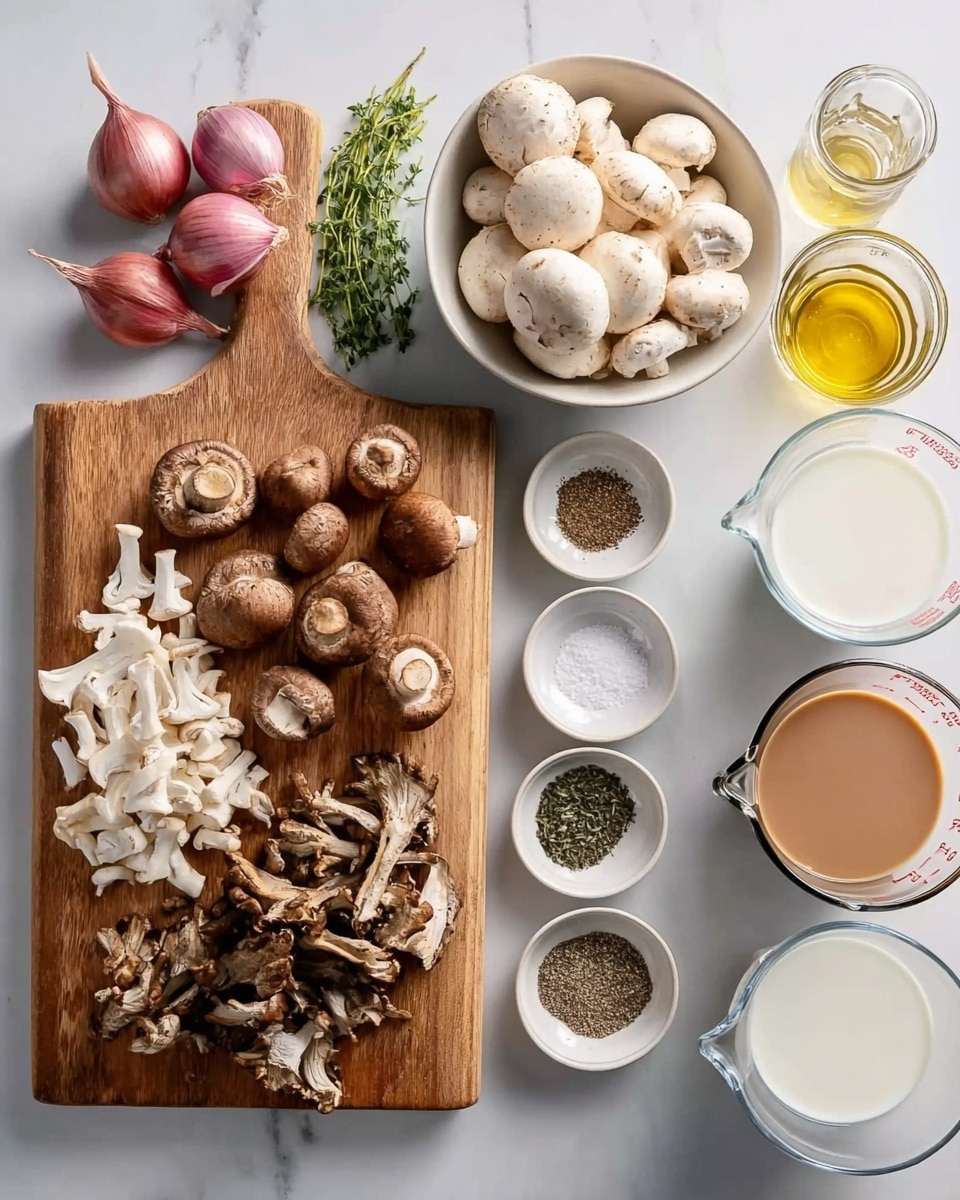 The image shows many cooking ingredients laid out neatly on a white marbled surface. On the left, there is a wooden cutting board with whole and sliced brown mushrooms and three pink shallots, along with a few garlic cloves and green herb sprigs at the top of the board. Next to it, there is a white bowl filled with white and brown mushrooms. Moving right, there is a white bowl of dried mushrooms and small white bowls containing white powder, olive oil, black pepper, dried herbs, and salt arranged in a line. On the far right, there are three clear glass measuring cups filled with a light brown liquid, milk, and water. photo taken with an iphone --ar 4:5 --v 7