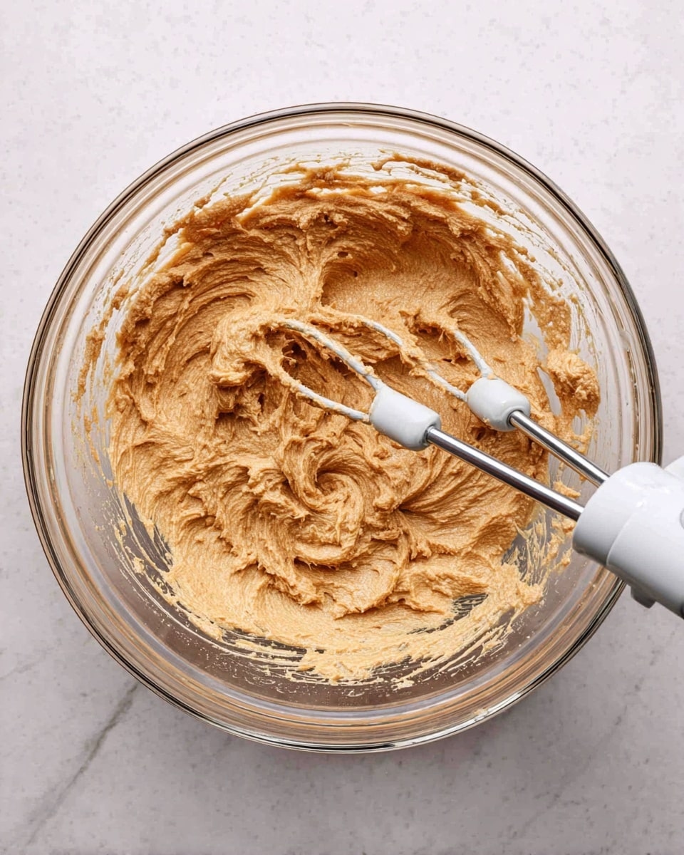 A clear glass bowl holds a thick, creamy light brown mixture that appears well stirred but still textured. Two metal beaters from a white electric mixer rest inside the bowl, partially covered in the mixture. The bowl sits on a white marbled surface that adds a clean and bright background to the scene. Photo taken with an iphone --ar 4:5 --v 7