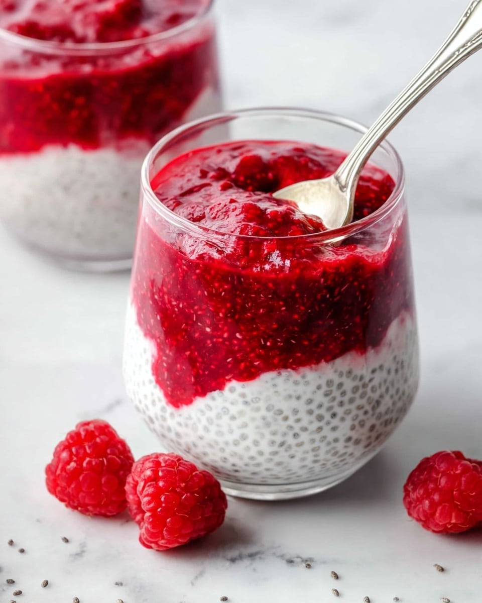 A clear glass holds a dessert with two layers: the bottom layer is creamy white chia pudding with black chia seeds spread evenly, and the top layer is thick, bright red raspberry sauce with visible raspberry seeds. A silver spoon is partially inside the glass, mixing the two layers. Around the glass on a white marbled surface are three whole fresh raspberries. In the background, there is another glass also filled with the dessert. photo taken with an iphone --ar 4:5 --v 7