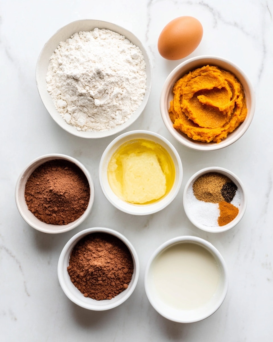 A top view of eight small white bowls and one brown egg arranged on a white marbled surface. The bowls hold different ingredients: white flour with a powdery texture at center top, granulated white sugar bottom left, light brown cocoa powder bottom left center, smooth and bright orange pumpkin puree center, melted yellow butter top right center, a small amount of ground brown spice bottom right, a small amount of coarse white salt top right, and a smooth off-white liquid bottom right center. The brown egg is placed above the sugar bowl toward the top left. The bowls are round and evenly spaced, showing clear textures and colors of each ingredient. photo taken with an iphone --ar 4:5 --v 7