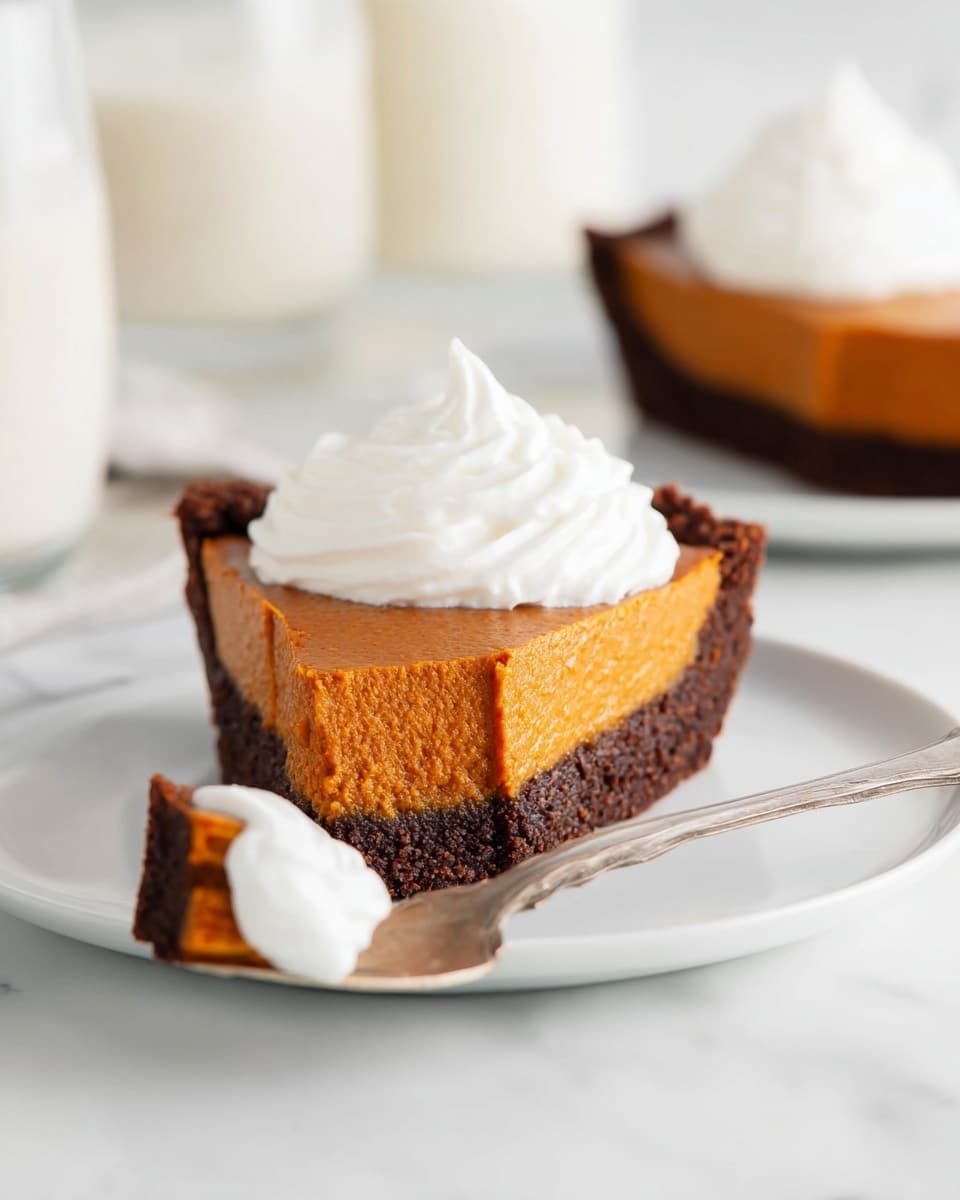 A slice of pie sits on a white plate on a white marbled surface, showing two main layers: a thick, dark brown crust at the bottom with a rich, slightly textured orange filling above it. On top of the pie slice is a swirl of smooth white whipped cream. In front of the slice, a utensil holds a small piece of pie, showing the same two layers with clear edges. In the background, a second slice with whipped cream is partially visible on another white plate, alongside blurred white glasses. The overall look is bright and clean, focusing on the pie. photo taken with an iphone --ar 4:5 --v 7