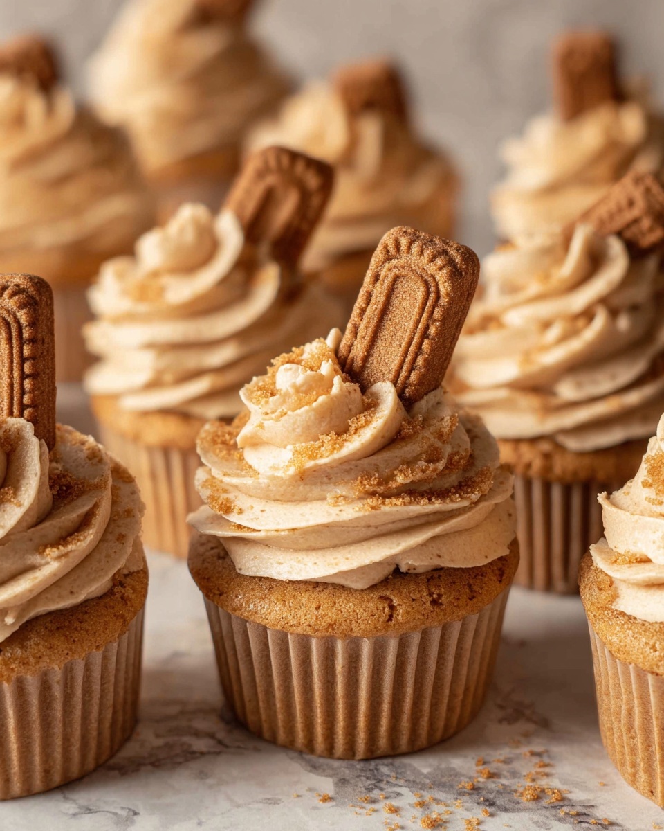 The image shows several cupcakes on a white marbled surface, each with two main layers. The bottom layer is a soft, light brown cake, and the top layer is a thick swirl of smooth, light tan frosting with a creamy texture. On each cupcake, a rectangular brown cookie with clear ridges and small crumbles on top stands vertically in the center of the frosting. The cupcakes are closely arranged, creating a warm, inviting look. Photo taken with an iphone --ar 4:5 --v 7