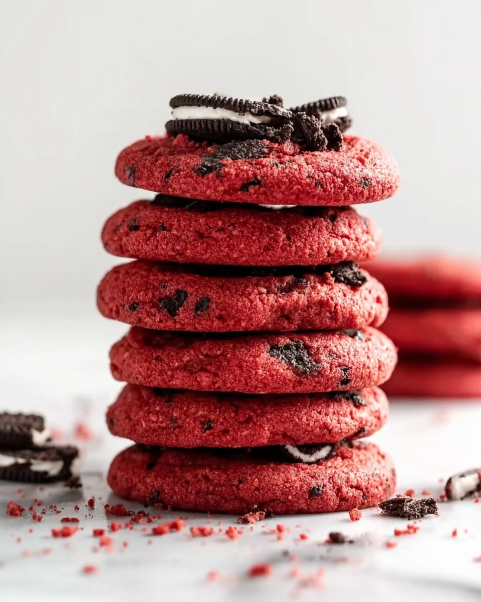 A stack of six round, bright red cookies with a soft and slightly cracked texture, each cookie showing small dark specks mixed throughout. The top cookie is decorated with chunks of dark chocolate sandwich cookies with white cream, adding a rough texture contrast. Around the base and blurred in the background, broken cookie pieces and crumbs are scattered. The cookies rest on a white marbled surface, with a plain white background behind them. photo taken with an iphone --ar 4:5 --v 7