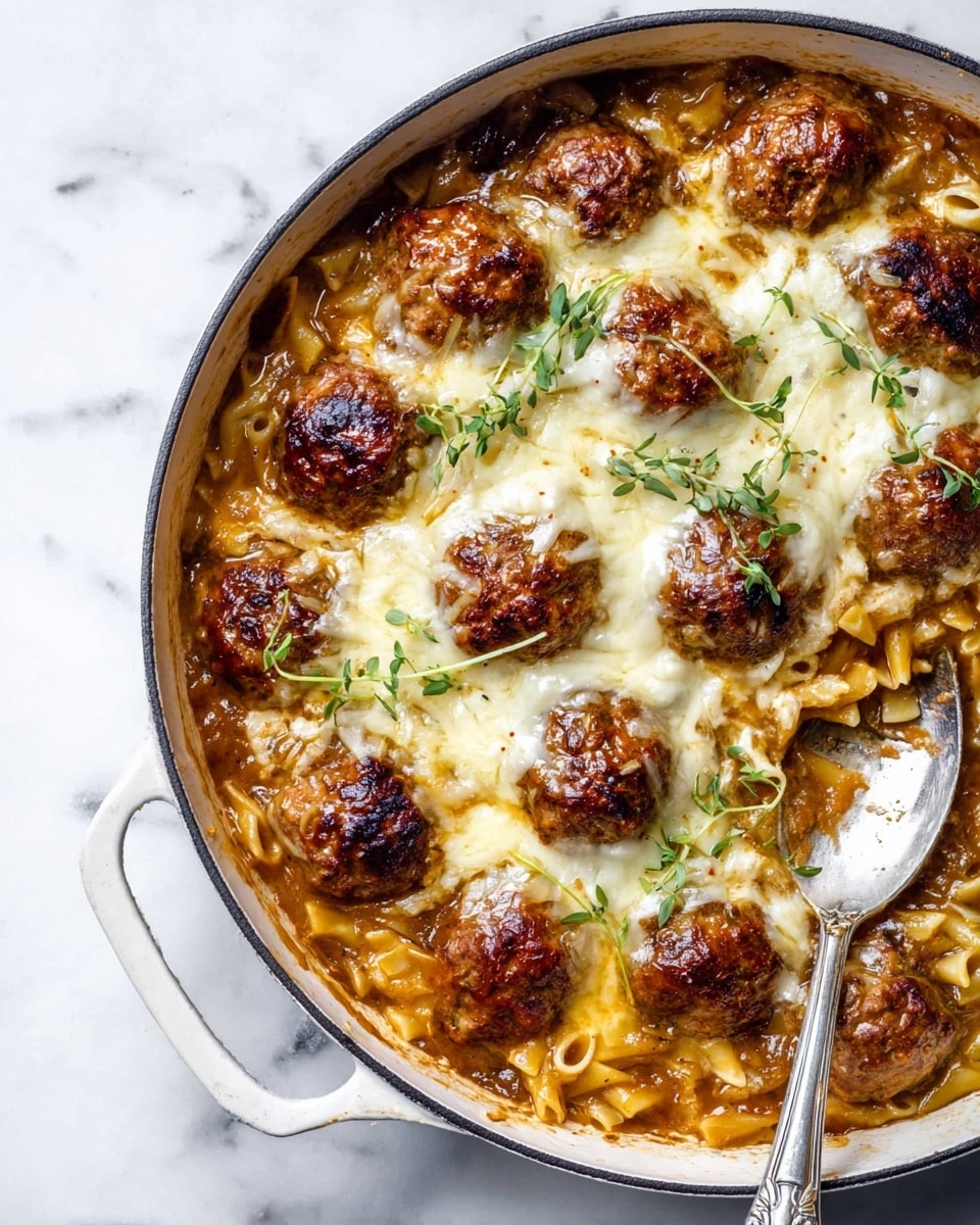 A round white enamel pan filled with about three layers: the bottom layer is a thick golden-brown sauce with visible pieces of caramelized onions and small pasta shapes. On top of the sauce, there are evenly spaced browned meatballs with a slightly charred surface. The final layer is melted white cheese, partially covering the meatballs and sauce, with small fresh green herb sprigs scattered on the cheese. A silver spoon rests on the right edge of the pan, and the background is a white marbled texture. Photo taken with an iphone --ar 4:5 --v 7