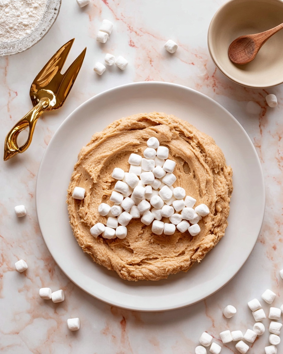 A white plate on a white marbled surface holds a thick light brown cookie dough spread evenly in a circular shape, with a cluster of small, bright white mini marshmallows scattered mainly on the right side of the dough. Around the plate, the white marbled surface has a few mini marshmallows scattered. Next to the plate on the left is a shiny gold scoop with a unique claw-like grip. In the background, a small beige bowl with a wooden spoon rests on the white marbled surface. The photo is taken with an iphone --ar 4:5 --v 7