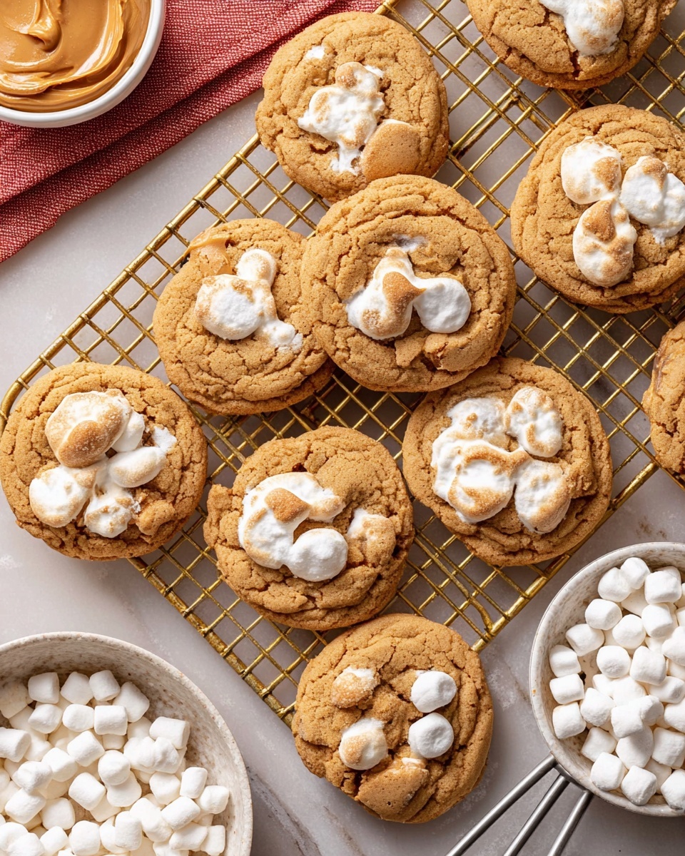 A group of soft golden-brown cookies with puffy, melted white marshmallow bits on top are arranged on a gold cooling rack over a white marbled surface. The cookies have a textured, slightly cracked surface with toasted marshmallows peeking through. In the top left corner, a white bowl with smooth peanut butter is partially visible. At the bottom right, a white bowl filled with small, round white marshmallows sits near a silver metal spatula. The warm colors of the cookies contrast with the clean, bright background. photo taken with an iphone --ar 4:5 --v 7