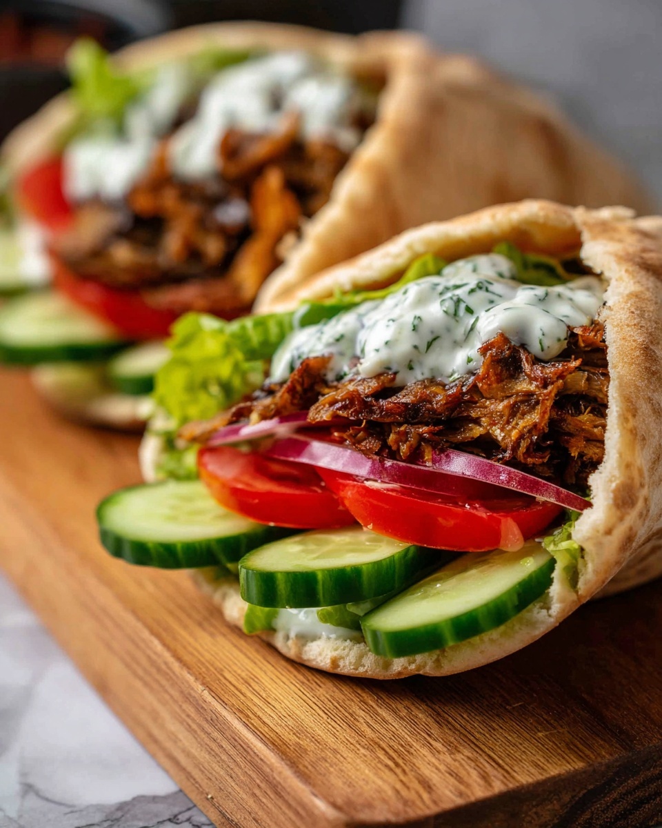 The image shows two stuffed pita pockets placed on a wooden board atop a white marbled surface. Each pita pocket has three main visible layers inside: at the bottom are thin slices of red radish and red tomato, followed by thin green cucumber slices standing upright, topped with green lettuce leaves. On top of the vegetables, there is a thick layer of shredded brown cooked mushrooms or meat substitute with a slightly crispy texture. Finally, there is a dollop of white creamy sauce with green herbs drizzled over the mushroom layer. The pita bread is golden brown with a soft, fluffy texture inside and a slight crisp on the outside. Photo taken with an iphone --ar 4:5 --v 7