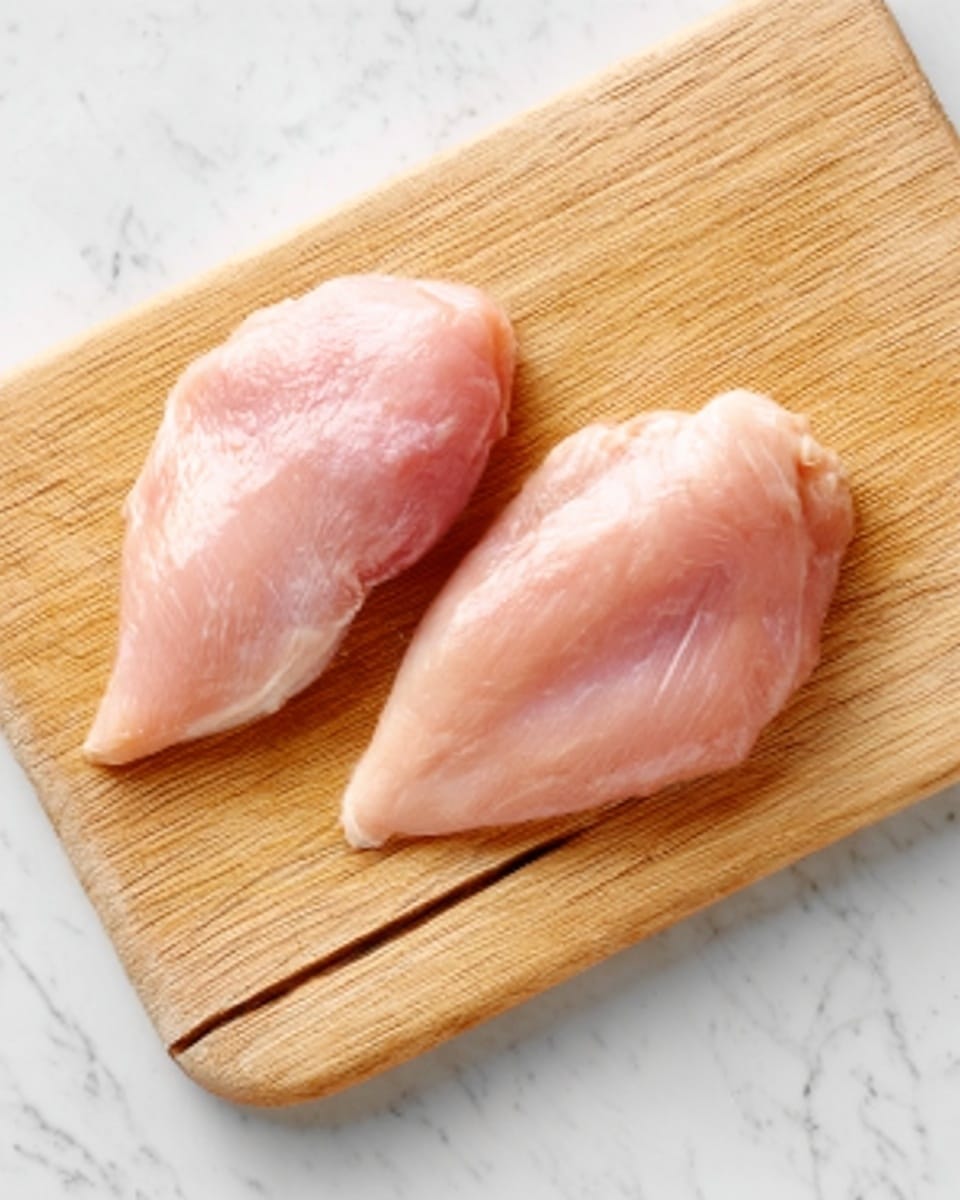 Two raw chicken pieces with pale pink color and smooth texture are placed side by side on a light wooden cutting board. The board shows a natural wood grain pattern with a few groove lines carved into its surface. The background has a white marbled texture, giving it a clean and bright look. photo taken with an iphone --ar 4:5 --v 7