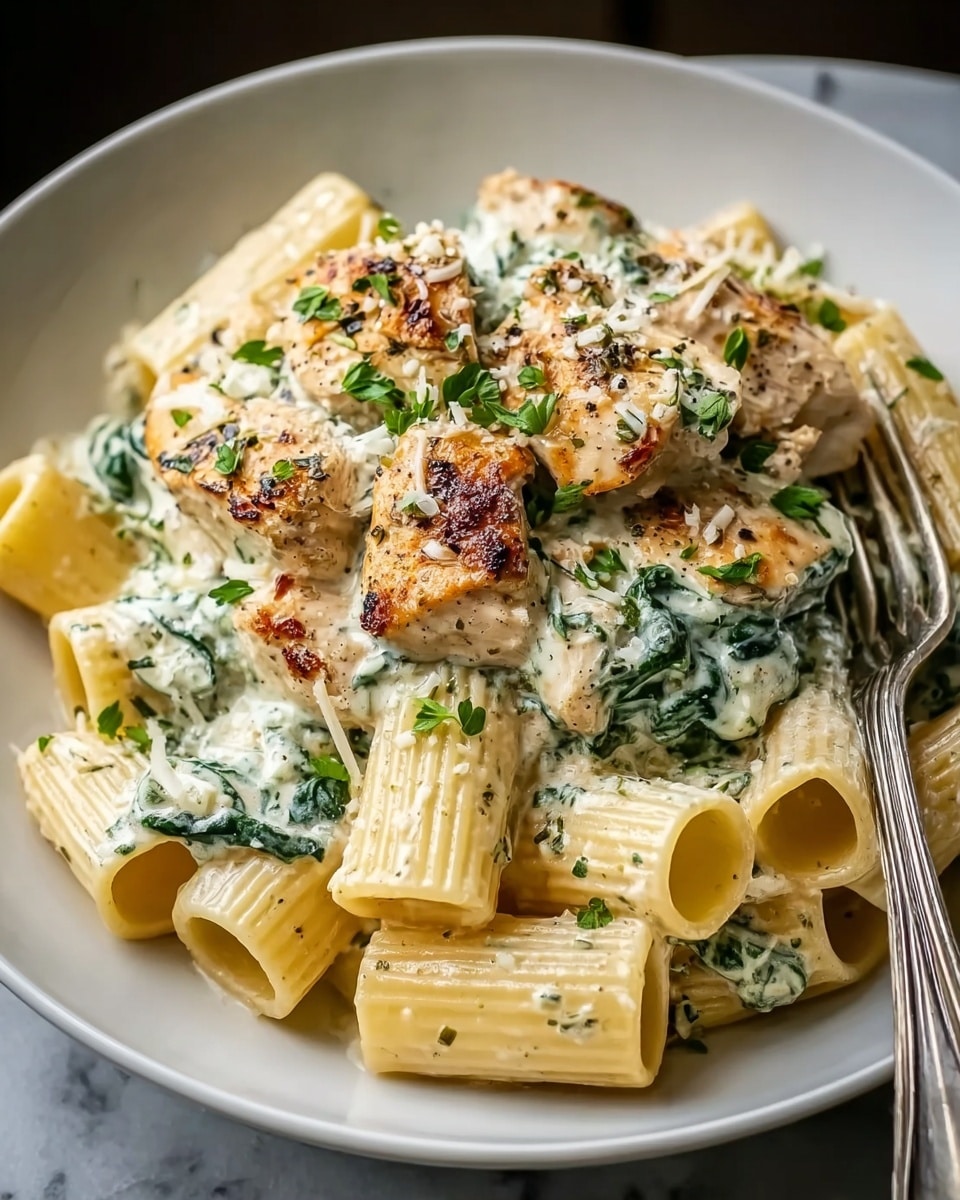 This image shows a white plate filled with a dish that has three main layers. The bottom layer is large, tube-shaped pasta that is pale yellow. The pasta is coated in a creamy white sauce with small green herb bits. On top of the pasta are pieces of chicken with a golden-brown, slightly crispy surface, covered in the same creamy herb sauce. Mixed in are dark green spinach leaves, adding color and texture. The top is sprinkled with finely grated white cheese and small green herb leaves. A silver fork rests against the plate on the right side. The plate is placed on a white marbled surface. Photo taken with an iphone --ar 4:5 --v 7