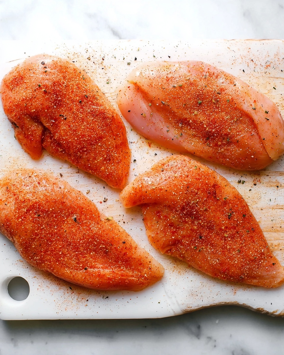 Four raw chicken fillets are spread out on a white cutting board with a handle on the side. Each fillet is coated evenly with a reddish seasoning mix that has a slightly grainy texture, sprinkled with black pepper flakes. The cutting board rests on a white marbled surface. The image is bright and clear with natural lighting. photo taken with an iphone --ar 4:5 --v 7
