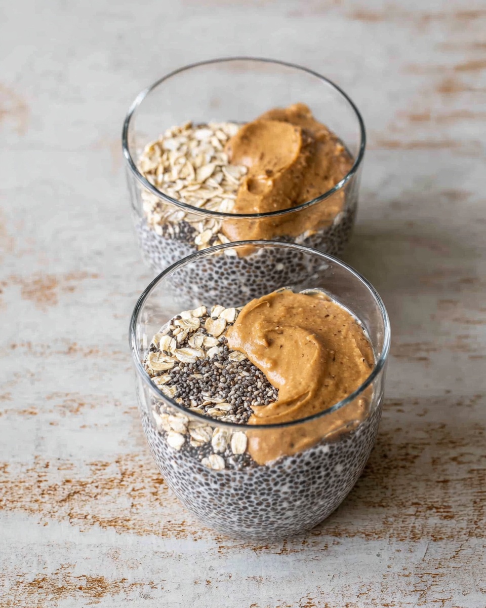 Two clear glass cups filled with layers of small black chia seeds, white rolled oats, and a thick light brown nut butter on top. The cups are placed on a white marbled surface that looks smooth. The chia seeds form a dark, speckled layer covering about half of each cup, while the white oats create a textured layer beneath the nut butter. The nut butter is creamy and spread over one side of the chia seed layer, giving a smooth contrast in texture. photo taken with an iphone --ar 4:5 --v 7