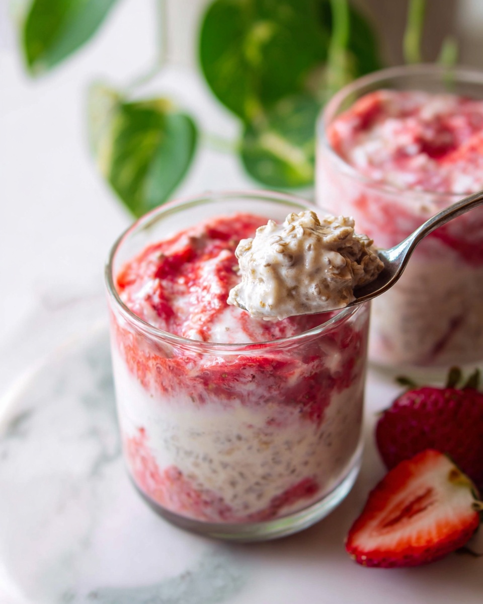 The image shows two clear glass cups filled with a creamy mixture made of layers of white yogurt and pinkish-red crushed strawberries, giving a swirled, soft texture. The top visible layer includes a spoon with a scoop containing white creamy oats mixed with chia seeds and bits of strawberries. The cups sit on a white marbled surface, and in the background, there is a green leafy plant and a red strawberry cut in half. The overall look is fresh, soft, and inviting with smooth and textured elements visible. Photo taken with an iphone --ar 4:5 --v 7