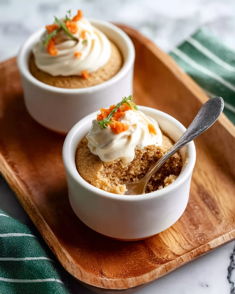 The image shows two white cups on a wooden tray, each filled with a light brown cake. Each cake is topped with a swirl of white cream and small orange carrot-like pieces. One cup is slightly front, with a spoon scooping some cake from it, showing the soft texture inside. The background has a white marbled surface and a green-striped cloth on the upper right. photo taken with an iphone --ar 4:5 --v 7