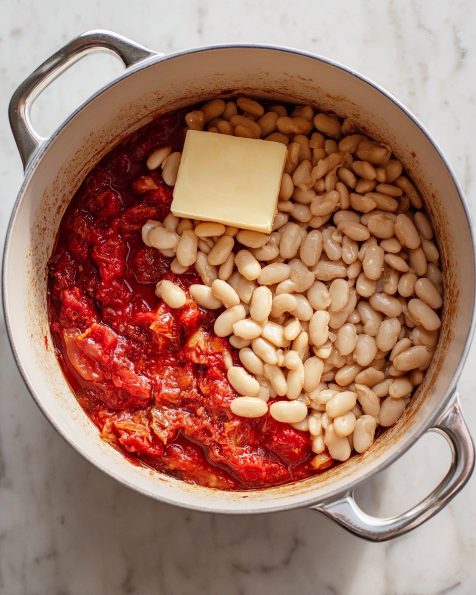 A white pot with two silver handles shows a mix of ingredients. At the bottom, there is a thick layer of dark red tomato sauce with pieces of cooked tomato mixed in, giving a chunky texture. On top of this is a thick layer of light beige beans, shiny and smooth, covering most of the tomato sauce. Sitting on the beans near the center is a square of solid, pale yellow cheese. The pot is set on a white marbled surface. Photo taken with an iphone --ar 4:5 --v 7
