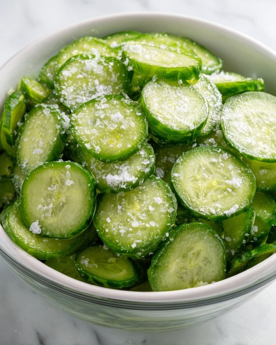 The image shows a bowl filled with many thin, round slices of cucumber stacked loosely on top of each other, creating a textured surface of light and dark green colors. The cucumbers are sprinkled with coarse white salt crystals scattered unevenly over the top layer. The bowl is white and shiny with reflections, placed on a white marbled surface. Photo taken with an iphone --ar 4:5 --v 7