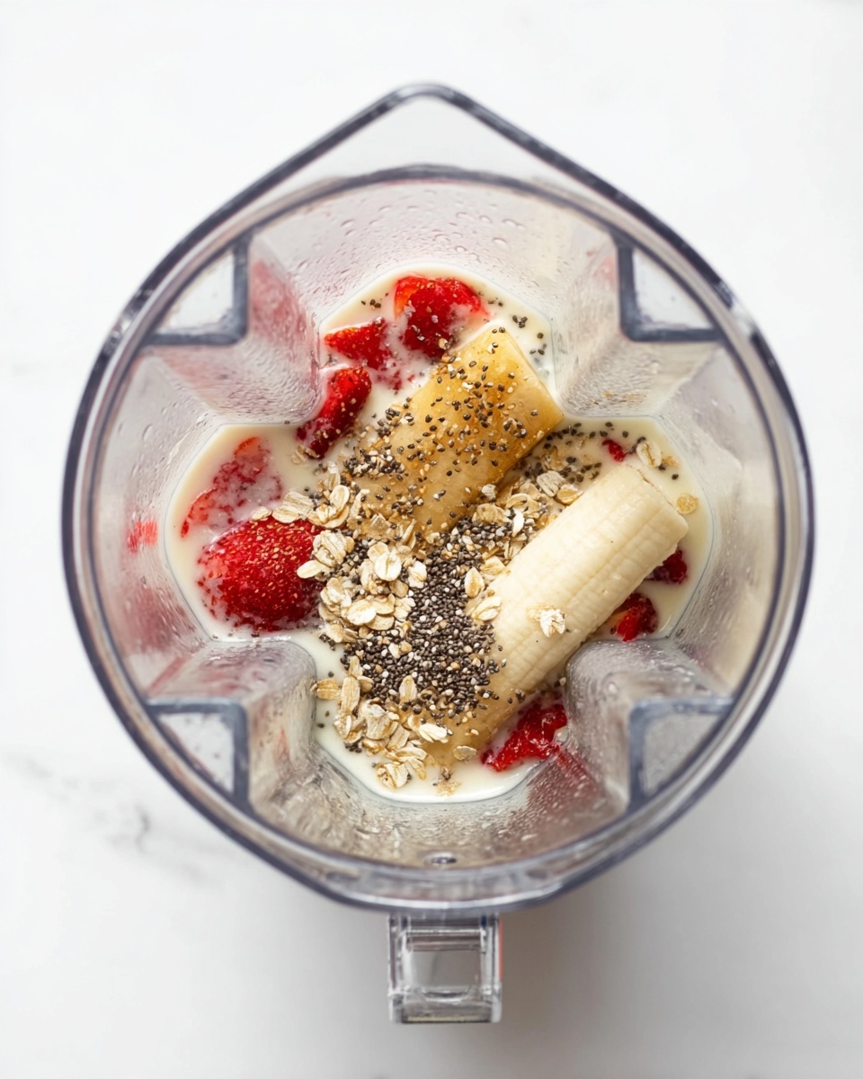 A clear blender container shows a mix of ingredients resting inside on a white marbled texture. At the base, there is a light cream liquid, partially covering frozen red strawberries scattered around. On top of the liquid, two thawing banana halves lie horizontally, sprinkled with beige rolled oats and tiny black chia seeds. Some honey drops add a hint of light golden shine over the oats. The layers are visible through the clear container, showing a natural mix of creamy, red, tan, and black colors. photo taken with an iphone --ar 4:5 --v 7