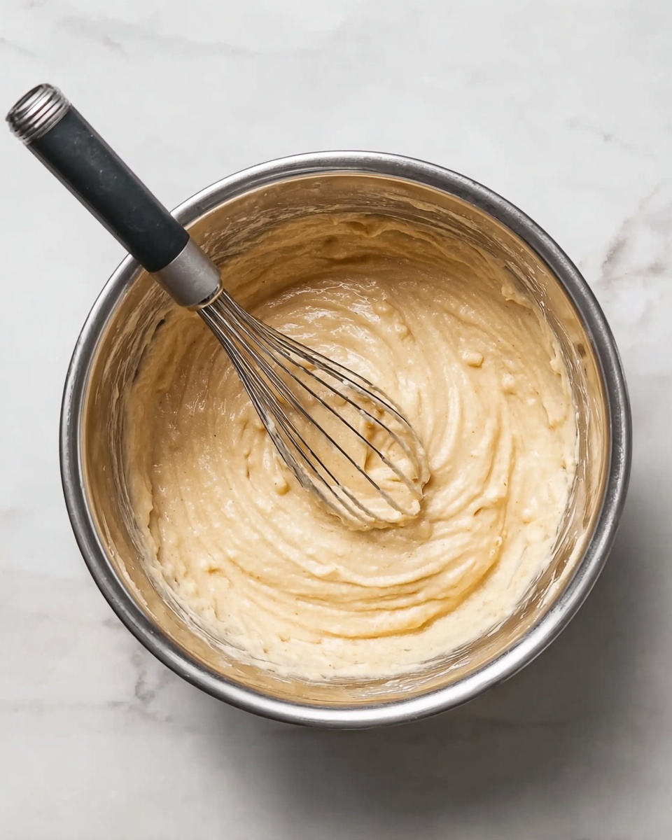 A clear glass bowl sits on a white marbled surface with a white cloth nearby. Inside the bowl is a thick, lumpy yellow mixture, likely mashed bananas, with a small dark brown spot of liquid, possibly vanilla or syrup, on top near the center. The mixture has a moist, uneven texture with some chunks visible. Photo taken with an iphone --ar 4:5 --v 7