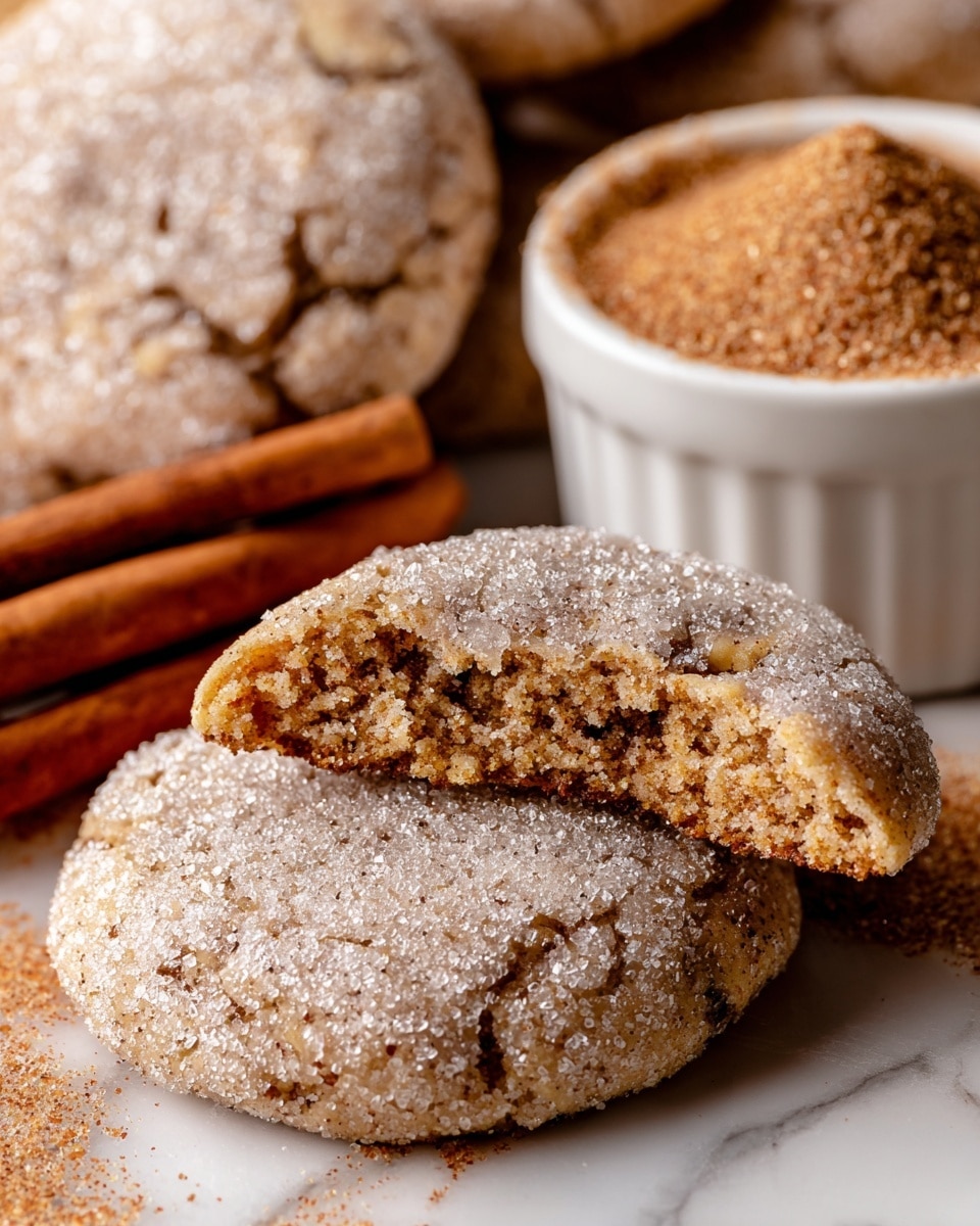 Several soft, round cookies with a light brown color coated with a layer of crystal sugar mixed with cinnamon sit on a white marbled surface. Two cookies rest flat, one on top of another, and the top cookie is broken in half, showing a dense, moist, crumbly inside with small bits of nut or spice visible. In the background, a white ramekin filled with a cinnamon-sugar mix and two cinnamon sticks placed beside it add warm tones to the image. The photo is close-up, capturing the texture of the sugar crystals and cookie crumb. Photo taken with an iphone --ar 4:5 --v 7