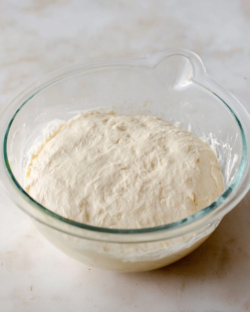 A clear glass mixing bowl filled with smooth, pale dough that has risen and filled the bowl evenly, showing a slightly bumpy texture on the top surface. The bowl is placed on a white marbled surface, and there is soft natural light highlighting the dough's light cream color and the transparent glass handle of the bowl. The image has a clean, simple look focused entirely on the dough in the bowl photo taken with an iphone --ar 4:5 --v 7