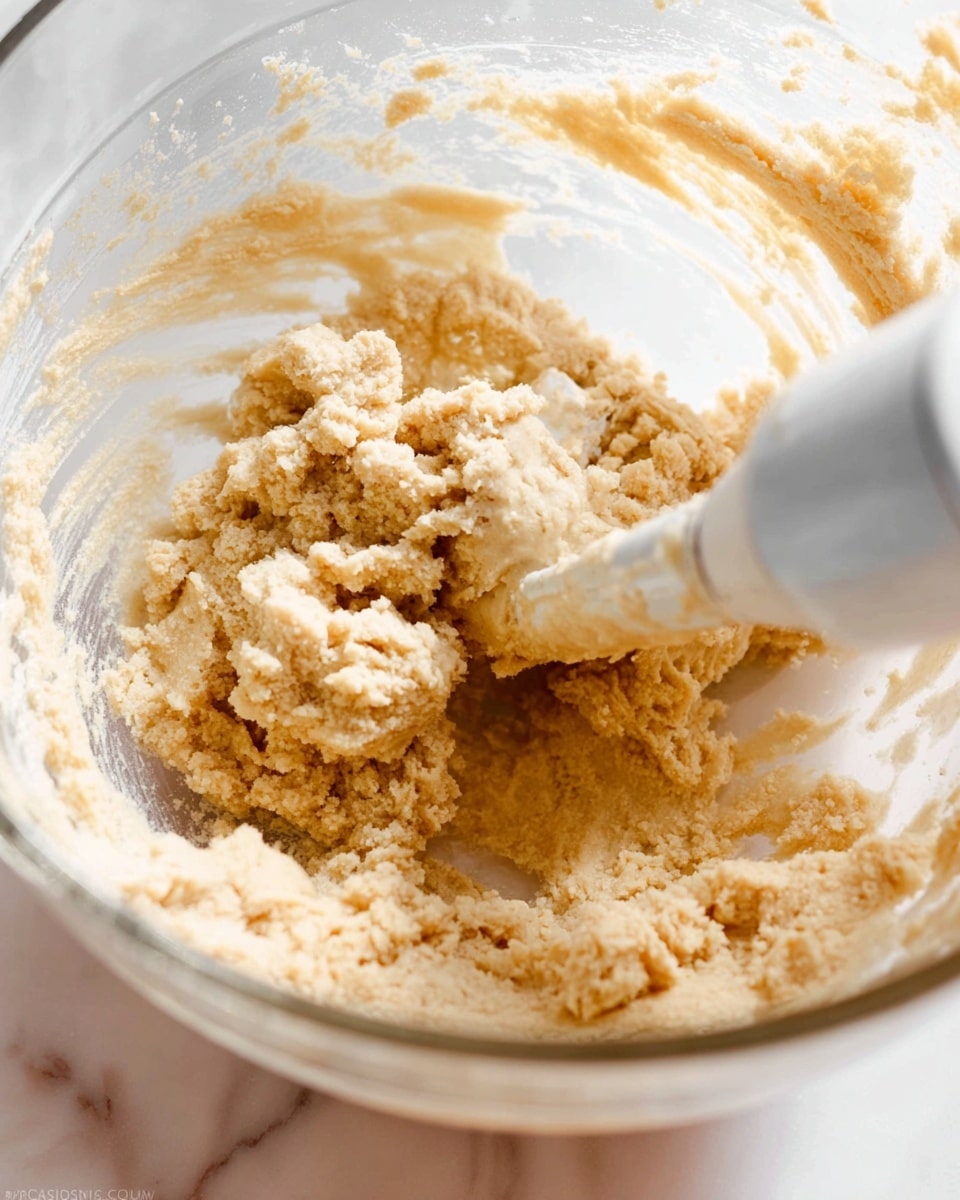 A close-up view of a glass mixing bowl showing light beige dough with a rough, crumbly texture being mixed by a white electric mixer beater. The dough is thick and clumps around the beater, with some dough stuck on the sides of the bowl. The bowl sits on a white marbled surface, with soft natural light highlighting the details of the dough’s texture. photo taken with an iphone --ar 4:5 --v 7