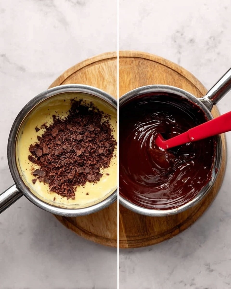 The image shows two side-by-side views of a silver pot placed on a round wooden board, all set on a white marbled surface. On the left side, the pot is filled halfway with a smooth pale yellow cream, with a heap of dark brown chopped chocolate on top, covering nearly half the cream’s surface. On the right side, a thick, shiny dark brown chocolate mixture is fully blended inside the same pot, with a white and red spatula resting in it. A woman's hand is slightly visible holding the pot in the right view. photo taken with an iphone --ar 4:5 --v 7