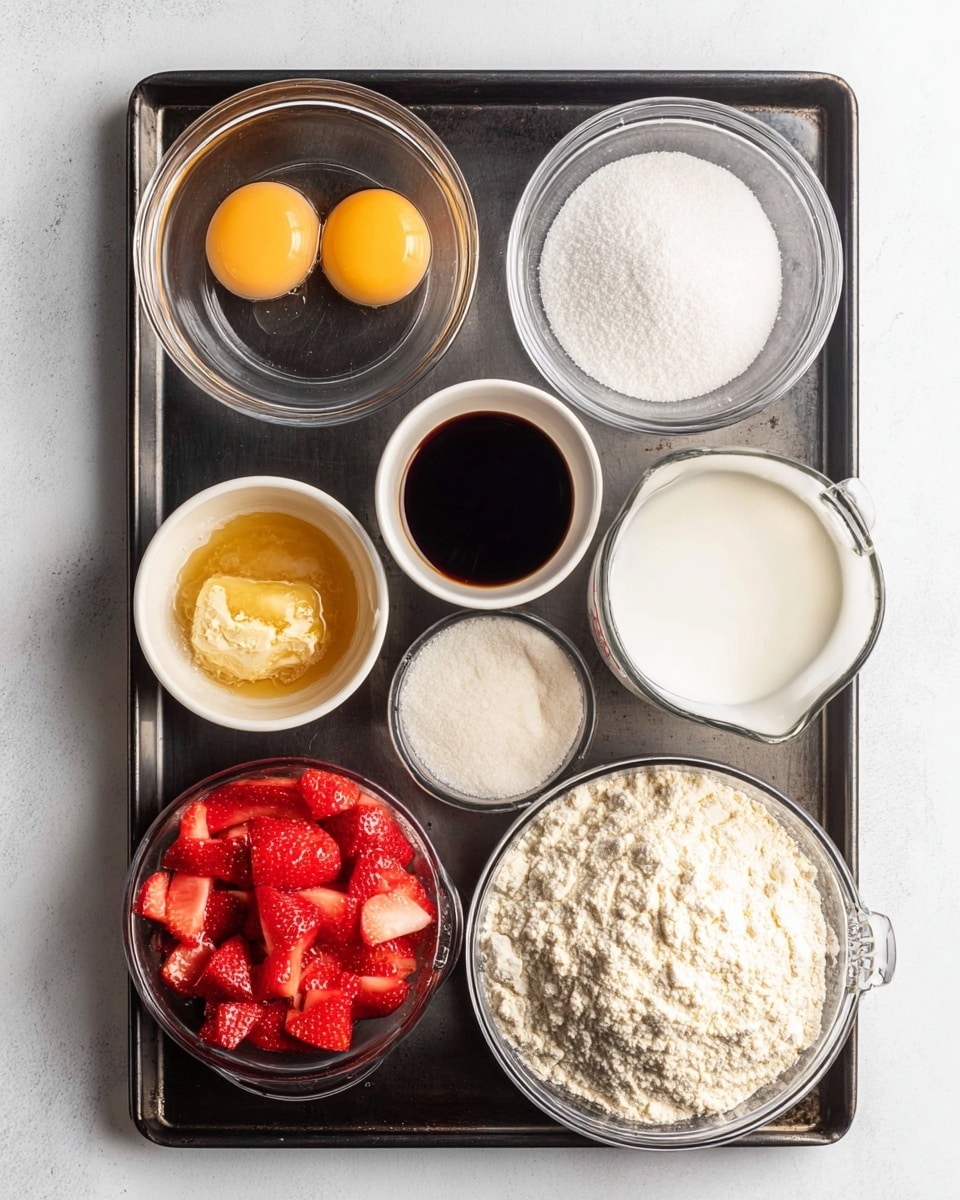 The image shows a dark metal tray on a white marbled surface holding eight containers with baking ingredients. In the top left sits a clear glass bowl with two whole eggs visible inside with yellow yolks. Next to it on the right is a small white bowl filled with dark brown liquid. To its right is a clear glass bowl full of white granulated sugar. Below the sugar is a clear glass bowl with white liquid, likely milk. Below the dark liquid is a clear glass bowl filled with melted golden butter with some solid bits on top. Below the butter is a smaller white bowl holding a white powder, likely baking powder or soda. To the right of these is a white bowl filled with a mix of white flour and a coarser beige flour. In the bottom left corner is a clear measuring cup filled with chopped bright red strawberries. All items are neatly arranged and viewed from above, photo taken with an iphone --ar 4:5 --v 7