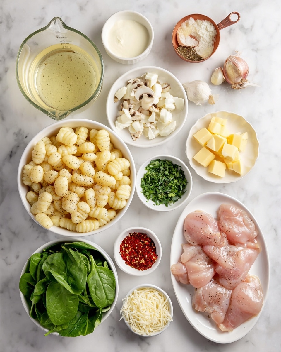 The image shows several small bowls and plates of cooking ingredients arranged on a white marbled surface. In the center, there is a white bowl filled with uncooked gnocchi, which are small, pale yellow, and have a ridged texture. To the right, on a white plate, are raw pink pieces of chicken lightly sprinkled with black pepper. Around these, from top to bottom and left to right, there is a clear glass measuring cup with a light yellow liquid, a white bowl with fresh green spinach leaves, a small white bowl with chopped fresh herbs and crushed red chili flakes, a small bowl with cubes of yellow butter, a bowl with chopped white mushrooms, a glass bowl of finely chopped onions and minced garlic, a copper measuring cup with a white creamy liquid, a glass bowl of shredded mozzarella cheese, and a small white bowl of grated parmesan cheese. A small white dish holds red and green dried spices. photo taken with an iphone --ar 4:5 --v 7