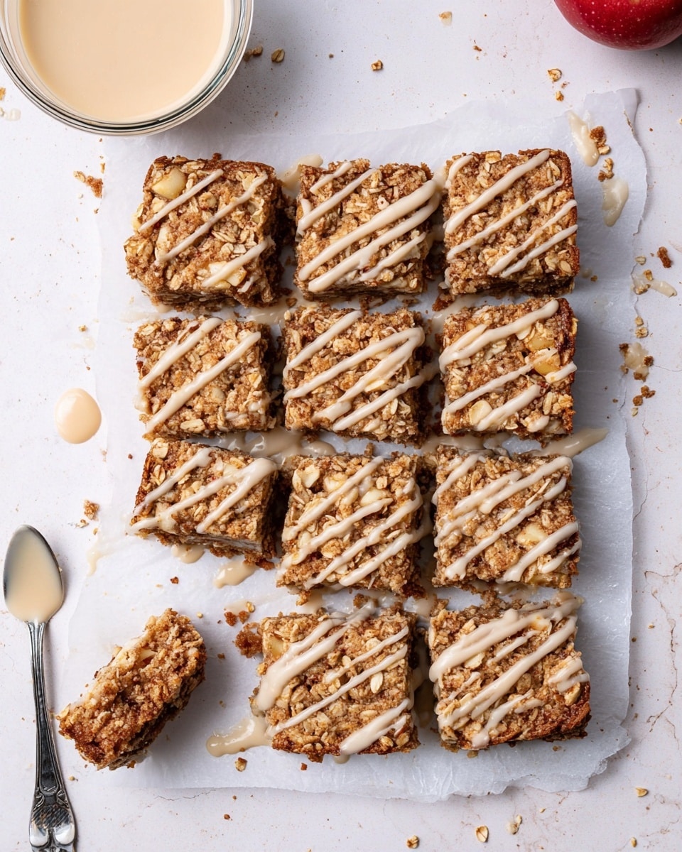 A white parchment-lined tray holds nine square oat bars arranged in a close grid, each topped with a golden-brown oat crumble layer that is rough and textured with visible oats and nuts. A light beige creamy drizzle is spread loosely over each bar in thin, uneven lines that add a soft contrast to the crisp oat topping. One oat bar in the lower-left corner is slightly pulled out, showing a dense, crumbly middle layer beneath the oats. Around the tray are small crumbs and a round glass bowl filled with the same beige cream positioned at the top left, and a spoon with a bit of cream on it near the bottom left. The whole scene is set on a white marbled surface with a bit of a red apple visible at the top right corner, photo taken with an iphone --ar 4:5 --v 7
