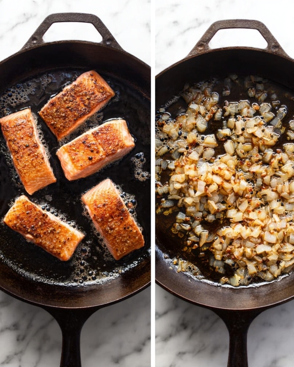 The image shows two views of a black cast-iron pan placed on a white marbled surface. The left side shows four rectangular pieces of cooked salmon arranged in a slightly scattered pattern. Each piece is light pink with golden brown crispy edges and some bubbling oil around them. The right side shows finely chopped onions cooking in the same pan, with a mix of translucent white and golden brown pieces in bubbling oil, covering the surface evenly. The pan has a rustic look with a handle visible in both shots. photo taken with an iphone --ar 4:5 --v 7
