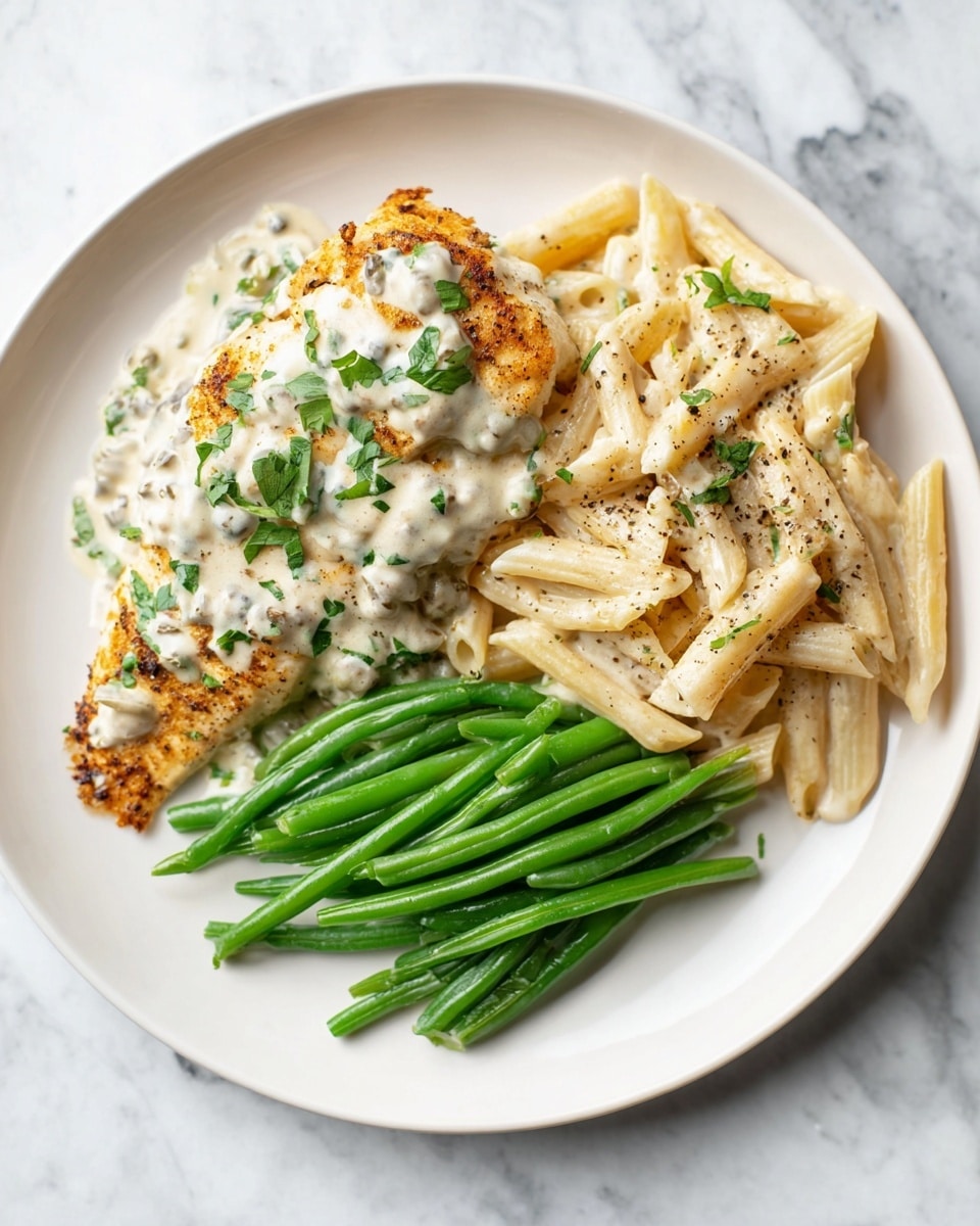 A white plate on a white marbled surface holds a meal with three parts: on the left side, there is a golden-brown grilled piece of fish covered with white creamy sauce speckled with green herbs; below and slightly under the fish is a creamy penne pasta mixed with sauce and small bits of herbs, showing light brown seasoning on top; on the right side, there is a neat pile of bright green steamed green beans, lightly sprinkled with black pepper. Photo taken with an iphone --ar 4:5 --v 7