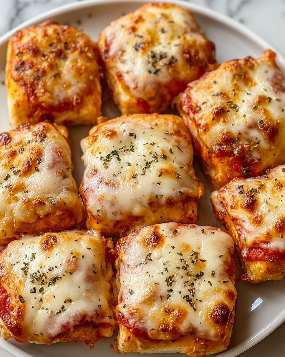 The image shows nine square pieces of mini pizza rolls arranged closely on a white plate. Each roll has a golden-brown outer dough layer with melted cheese covering the top, showing browned spots from baking. The melted cheese layer is creamy white with some darker bubbly toasted edges scattered on the surface. Underneath the cheese is a red tomato sauce layer slightly visible through the sides of the dough. Small green herb flakes and black pepper are sprinkled on top, adding texture and color contrast. The plate rests on a white marbled surface. Photo taken with an iphone --ar 4:5 --v 7