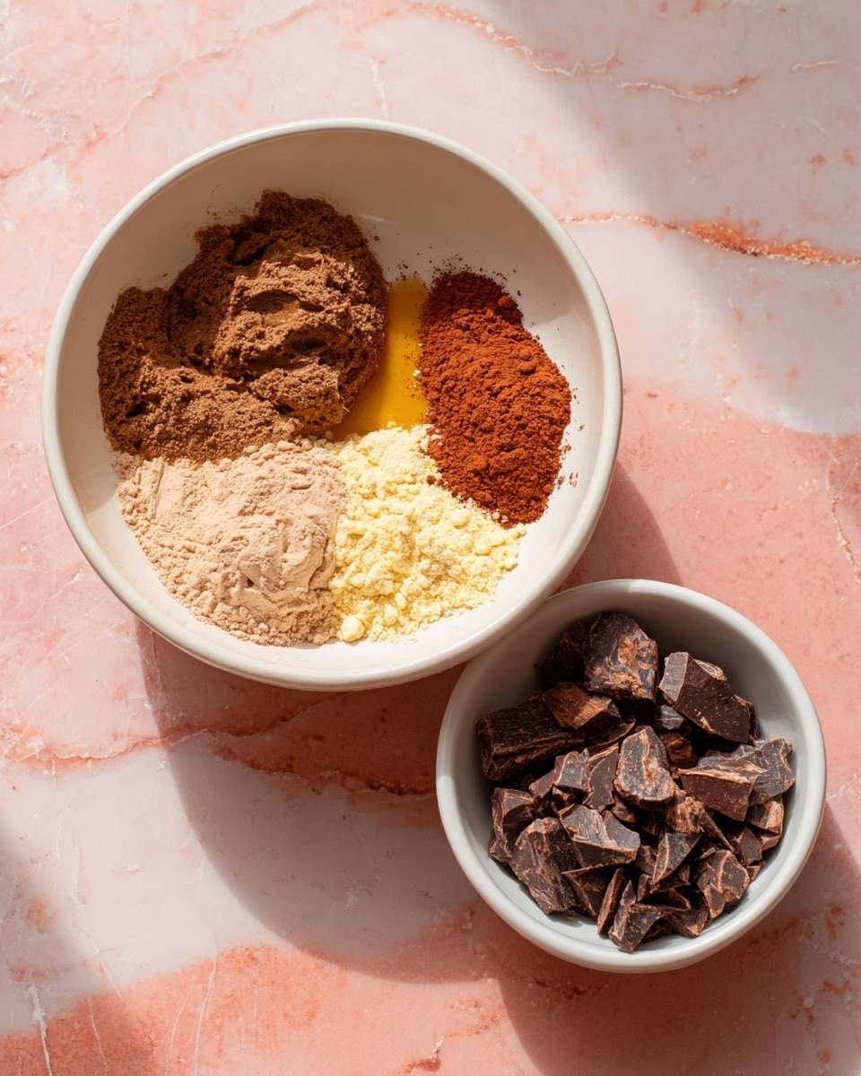 Two white bowls sit on a white marbled surface with a pink overlay. The larger bowl on the left holds five distinct layers: dark brown creamy paste at the bottom left, light brown powder covering the center, reddish-brown powder at the top right, pale yellow powder at the top left, and honey-colored sticky syrup showing through the gaps. To the right is a smaller white bowl filled with rough dark brown chocolate pieces. Photo taken with an iphone --ar 4:5 --v 7