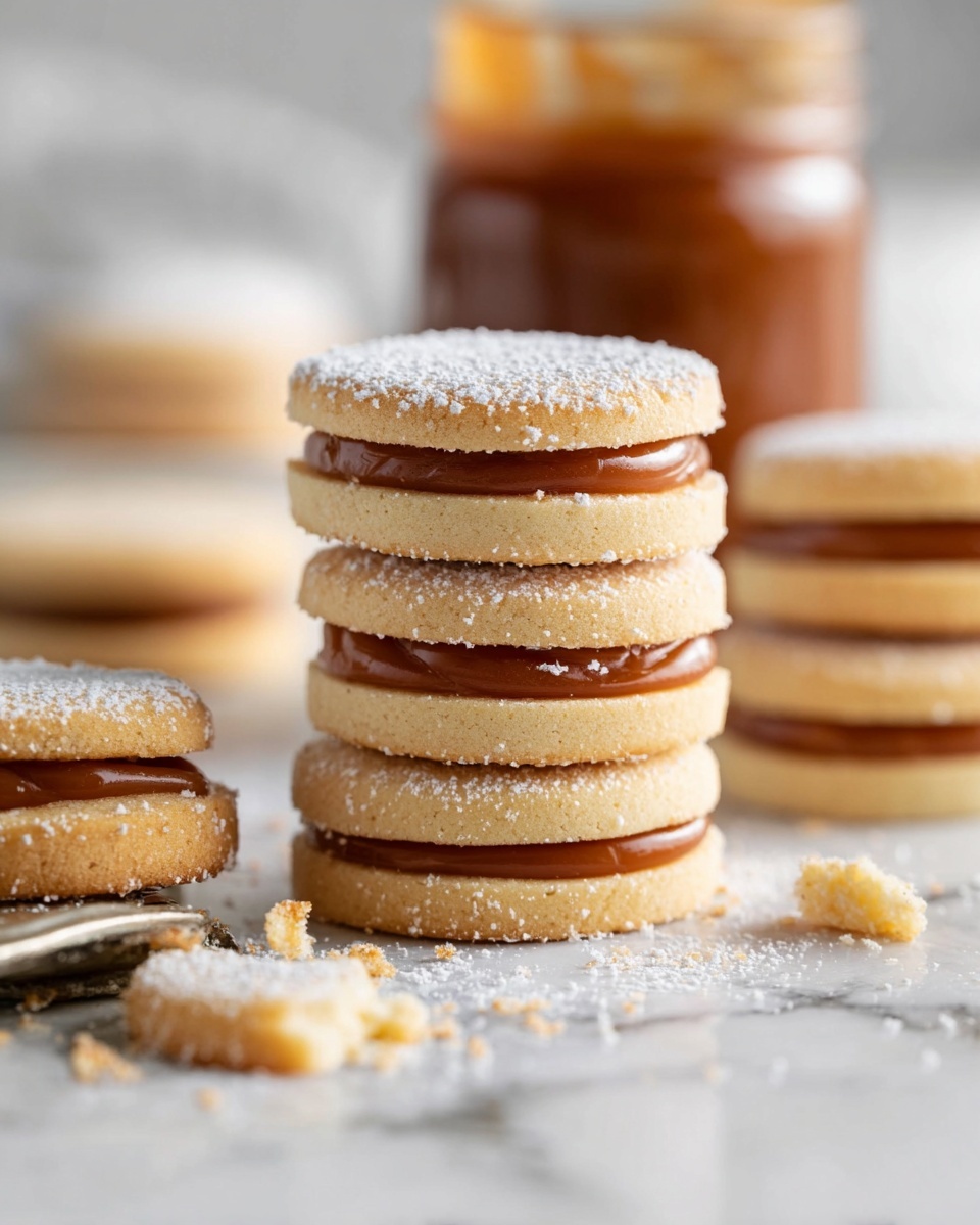 There are several round cookies stacked on a white marbled surface with some crumbs and powdered sugar around. Each cookie is made of two light golden-brown layers with a thick, smooth caramel layer in the middle. The top cookie in the front has a dusting of powdered sugar. In the background, there is a blurred glass jar filled with caramel. The scene is bright and softly focused. photo taken with an iphone --ar 4:5 --v 7