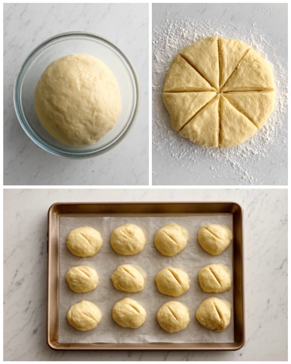 A glass bowl with a smooth, round ball of dough inside sits on a white marbled surface. Next to it, the dough is flattened and scored into eight equal sections on the white marbled surface. In the third view, eight small, round dough pieces lie evenly spaced on a baking tray lined with parchment paper, each piece with two slight parallel indentations on top. Photo taken with an iphone --ar 4:5 --v 7