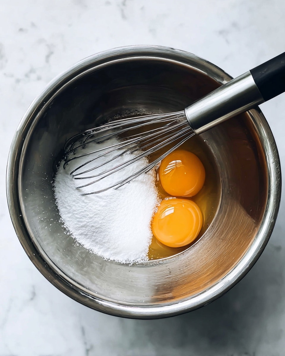 A shiny metal mixing bowl sits on a white marbled surface. Inside the bowl are two raw egg yolks with a smooth, bright orange color and a pile of fine white sugar sitting next to them on the left side. Resting inside the bowl is a metal whisk with a black handle positioned on the right side, its wires gently touching the egg yolks and sugar. The bowl has a simple, reflective texture and shows soft light reflections. Photo taken with an iphone --ar 4:5 --v 7