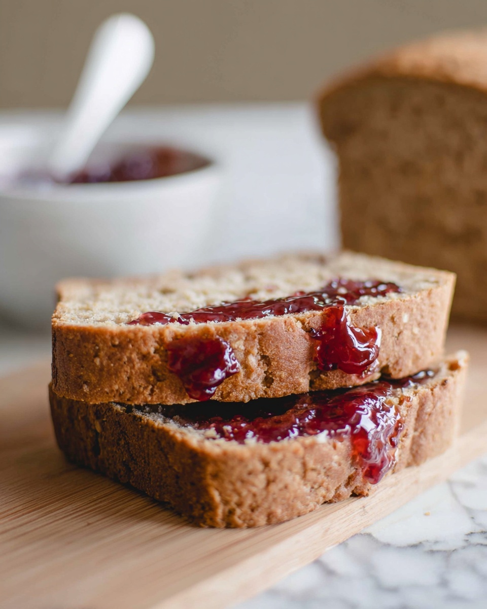 Two slices of light brown bread with a soft texture are stacked on a wooden surface. The bottom and top edges of the bread show glossy dark red jam oozing out, creating a shiny contrast against the bread’s matte crumb. In the background, a white bowl with a spoon inside sits on a white marbled surface, blurred to keep the focus on the bread. The lighting is natural, highlighting the moist look of the jam and the crumb’s small air bubbles. photo taken with an iphone --ar 4:5 --v 7